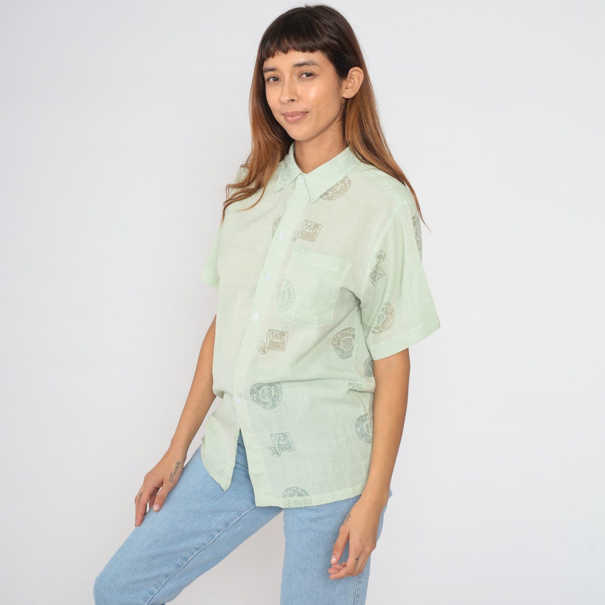 90s Quiksilver Medallion Print Button-Up Shirt Green Semi-Sheer Large L