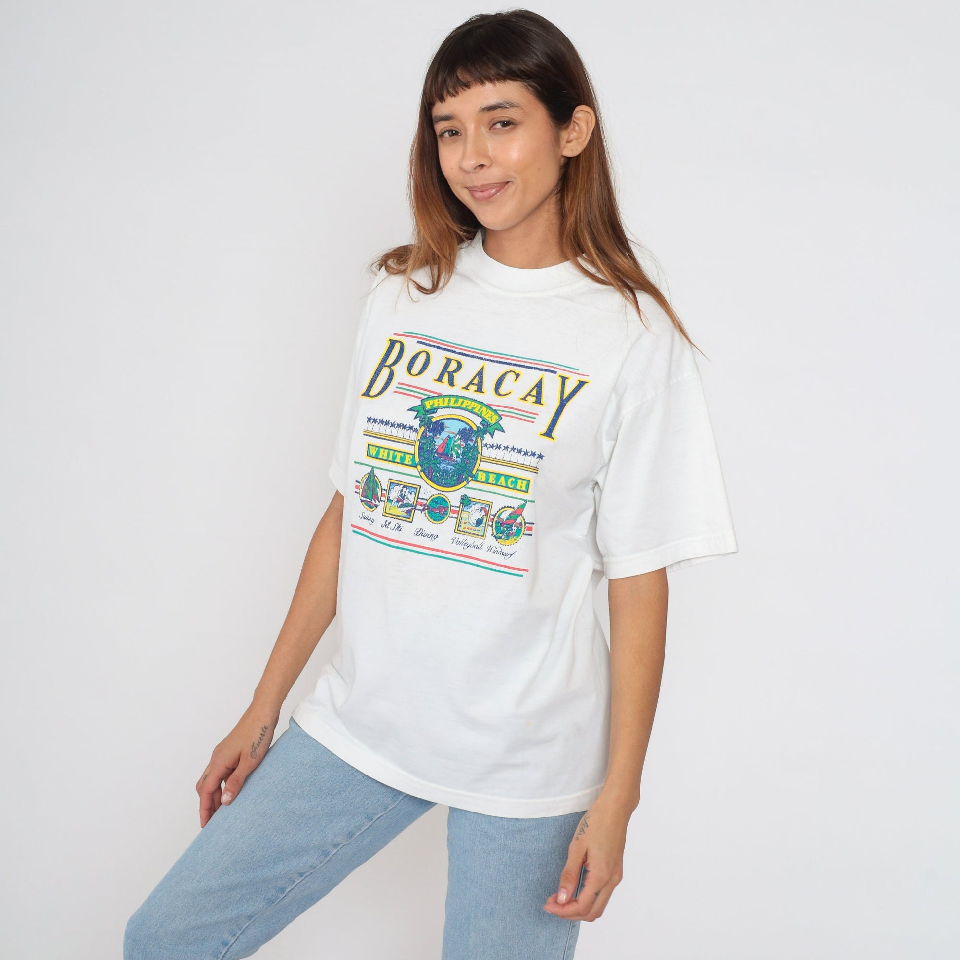 90s Boracay Philippines Swaze Graphic T-Shirt Sailboat Cotton Extra Large