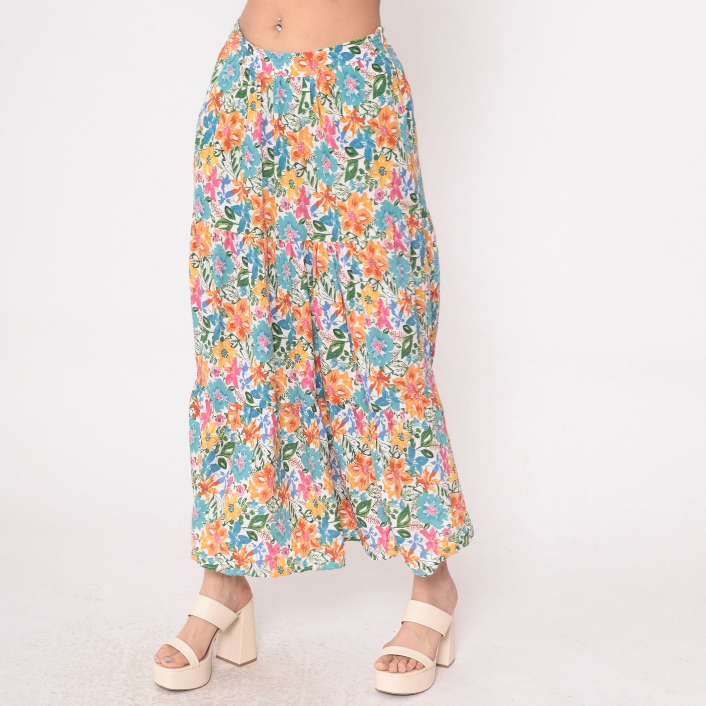 00s Cynthia Rowley Tiered Floral Maxi Skirt Blue Orange Pink Small