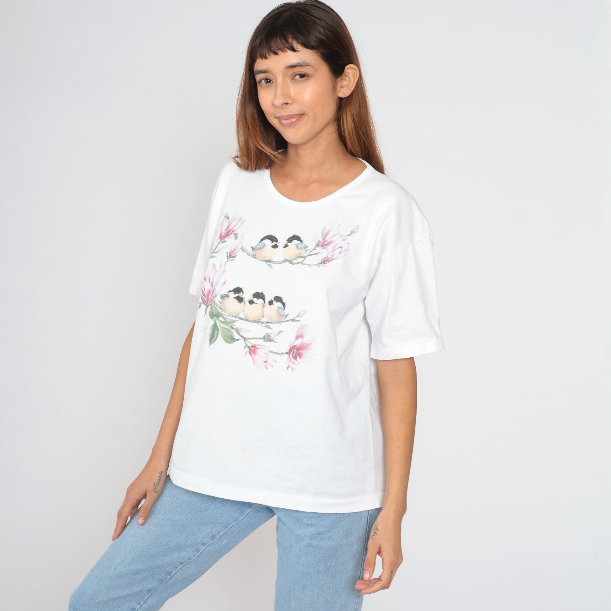 90s Floral Bird Graphic T-Shirt White Cotton Single Stitch Extra Large XL