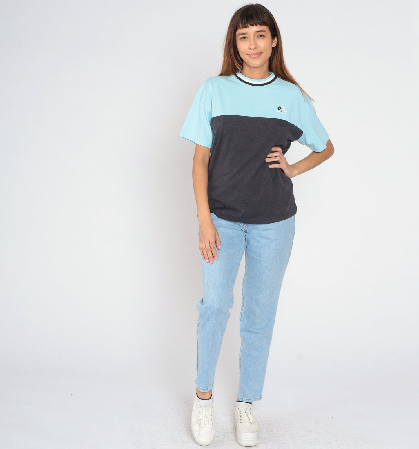 90s Colorblock Ringer Tee Embroidered Floral Blue Black Medium