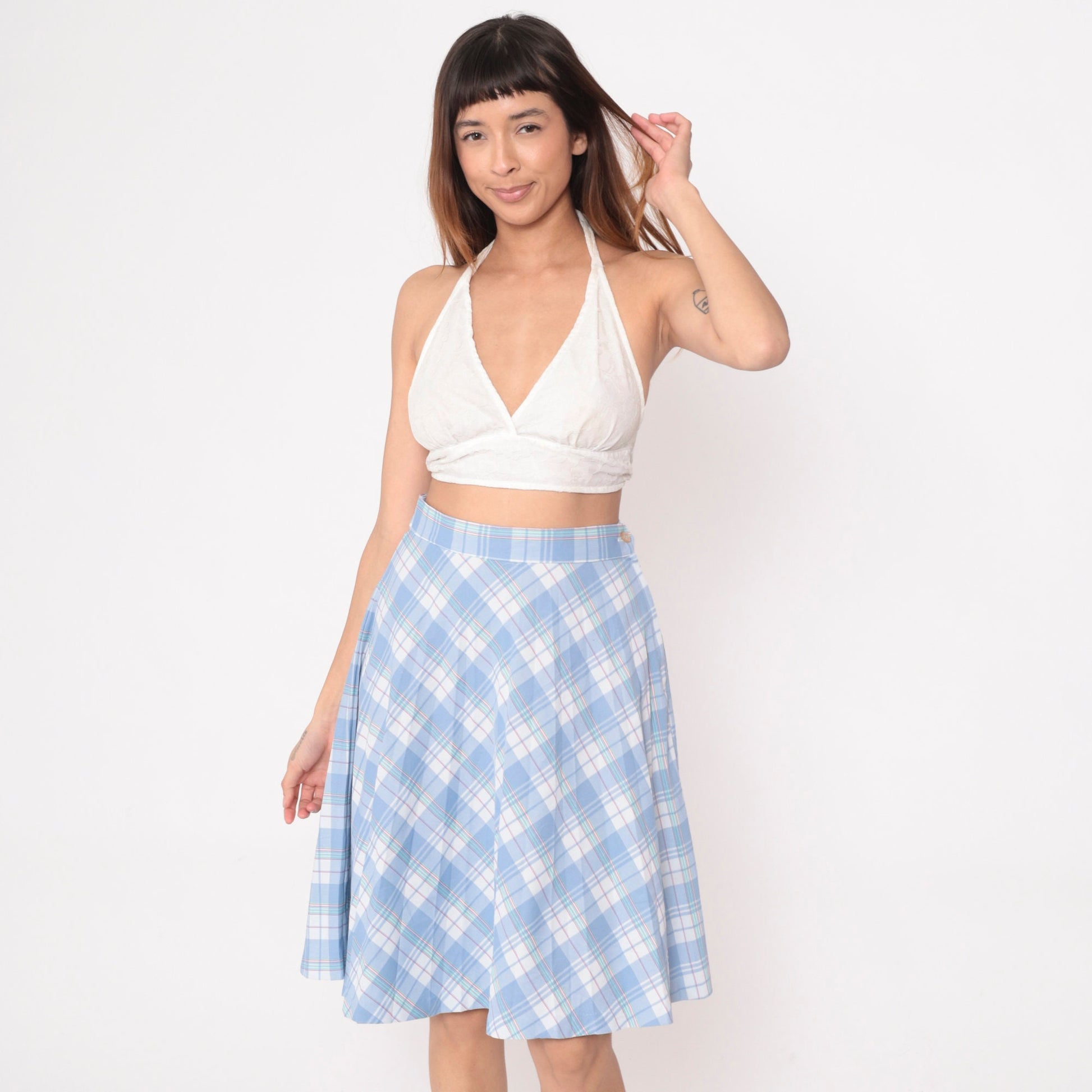 80s Sky Blue White Plaid Midi Skirt High Waist Pleated Small