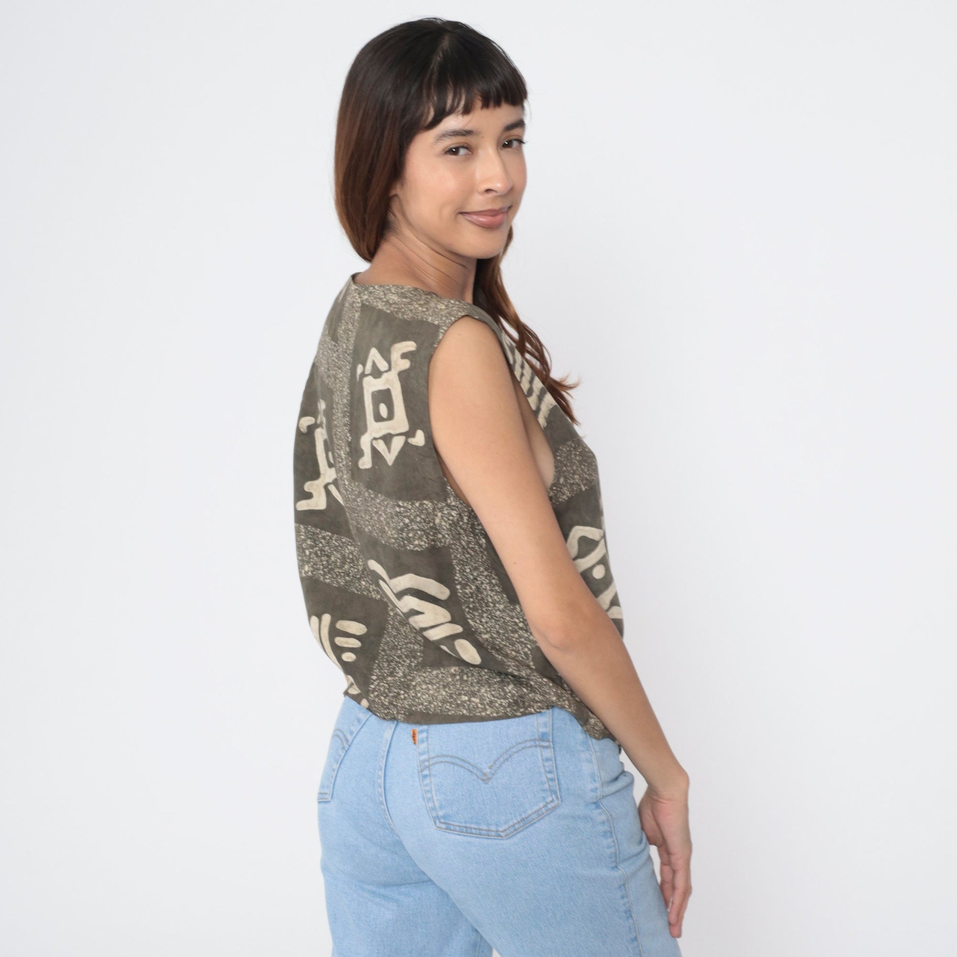 Y2K Petroglyph Print Vest Brown Rayon V-Neck Button-Up Sleeveless Large L