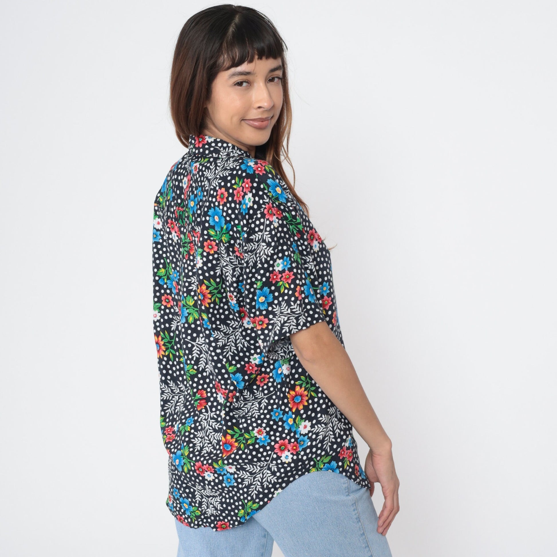 90s Floral Polka Dot Button-Up Blouse Black Rayon Short Sleeve Large L