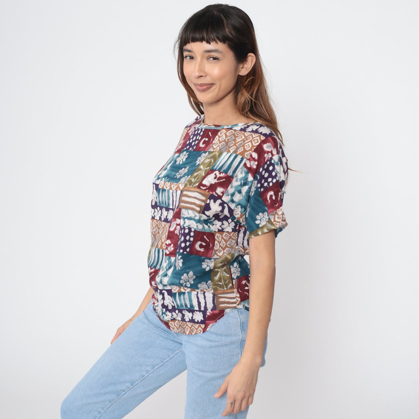 90s Patchwork Floral Geometric Short Sleeve Blouse Blue Burgundy Medium