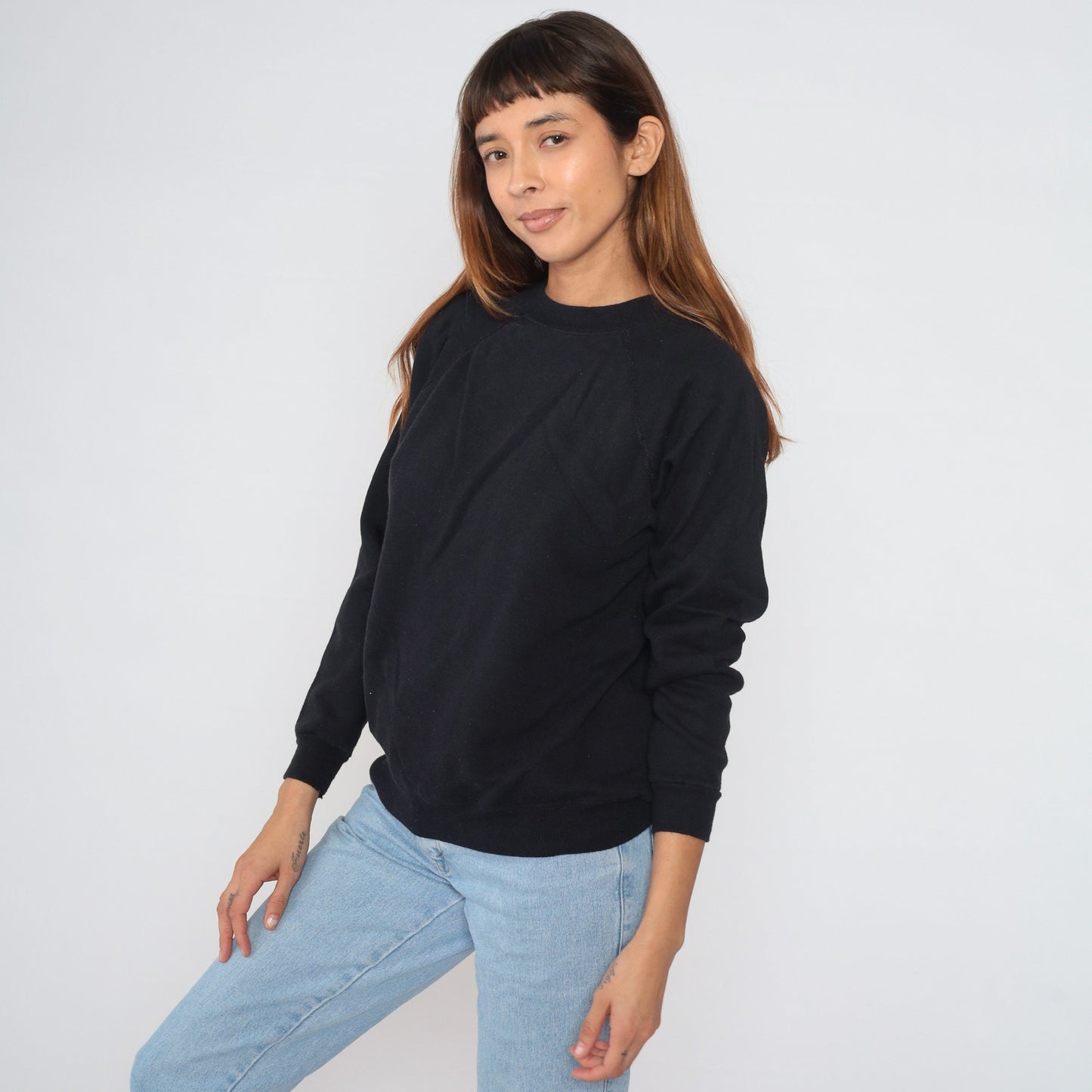 90s Black Raglan Sweatshirt Hanes Her Way Crewneck Pullover Medium M