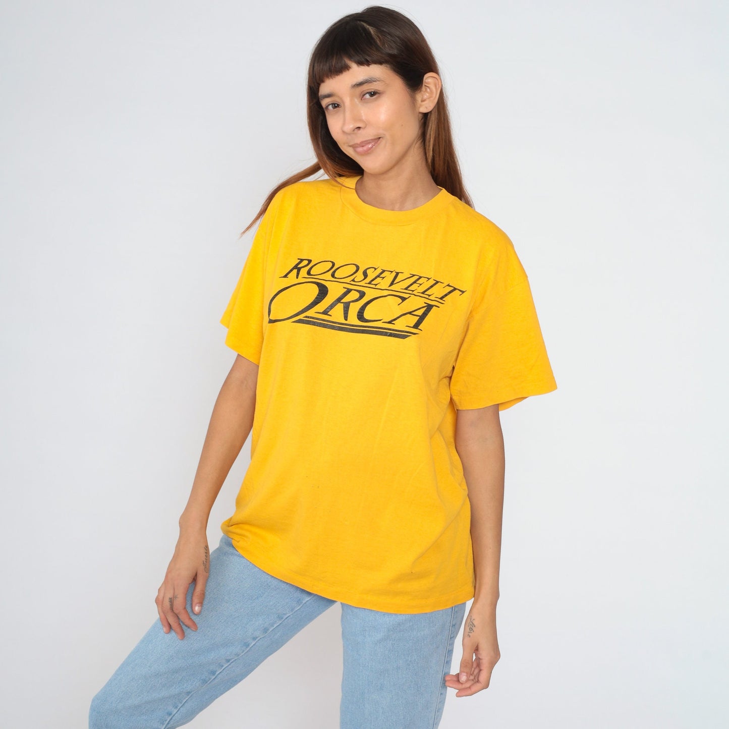 80s Roosevelt Orca Seattle High School Graphic Tee Yellow Single Stitch Large