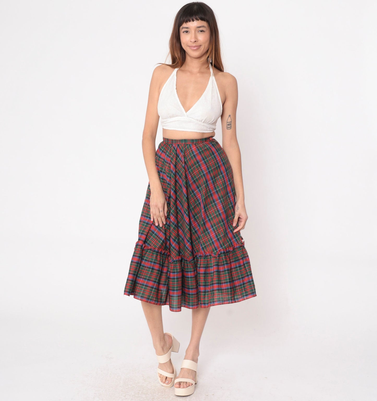 80s Plaid Midi Skirt Red Green Tartan High Waist Flounce Pocket Extra Small