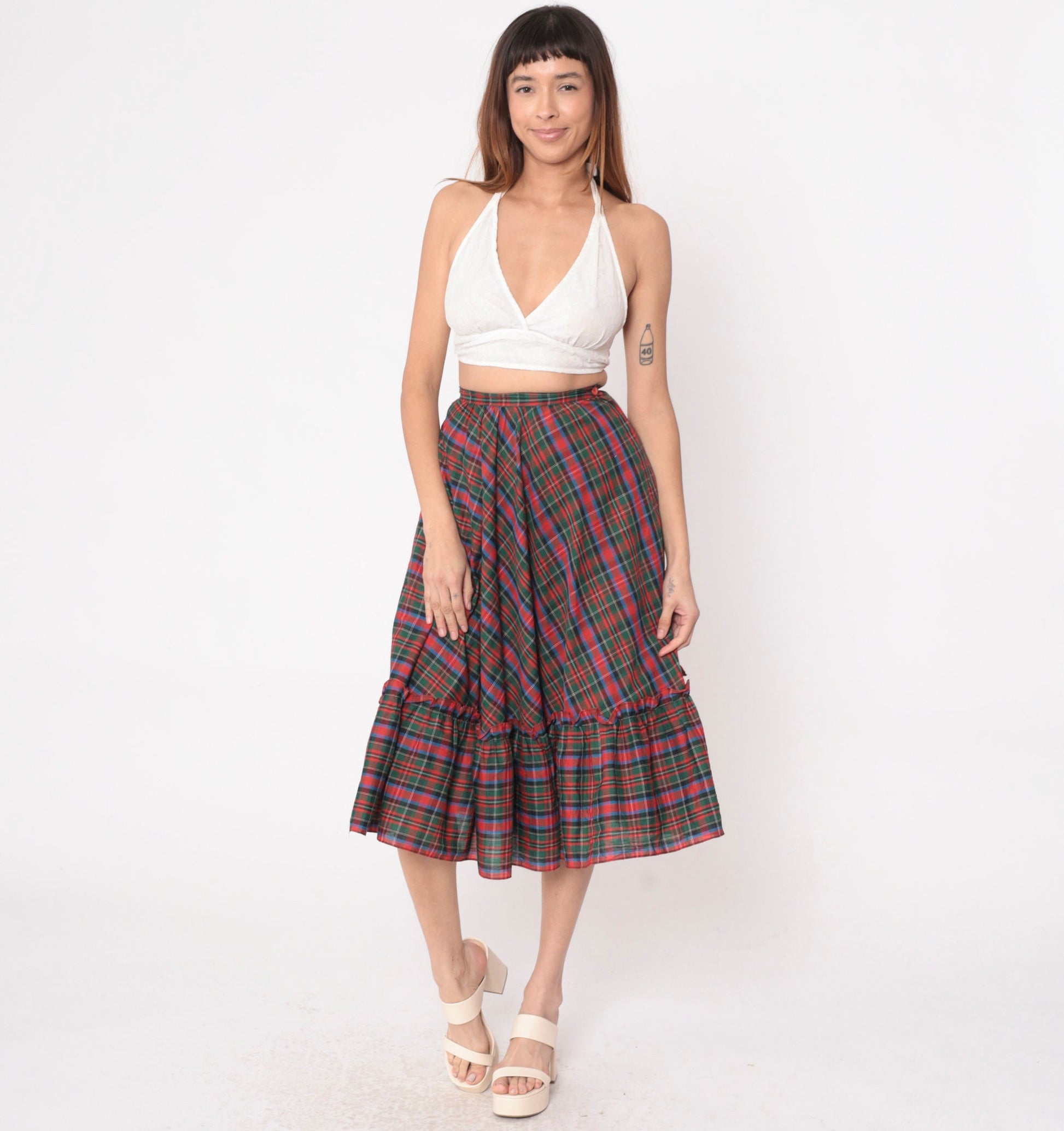 80s Plaid Midi Skirt Red Green Tartan High Waist Flounce Pocket Extra Small