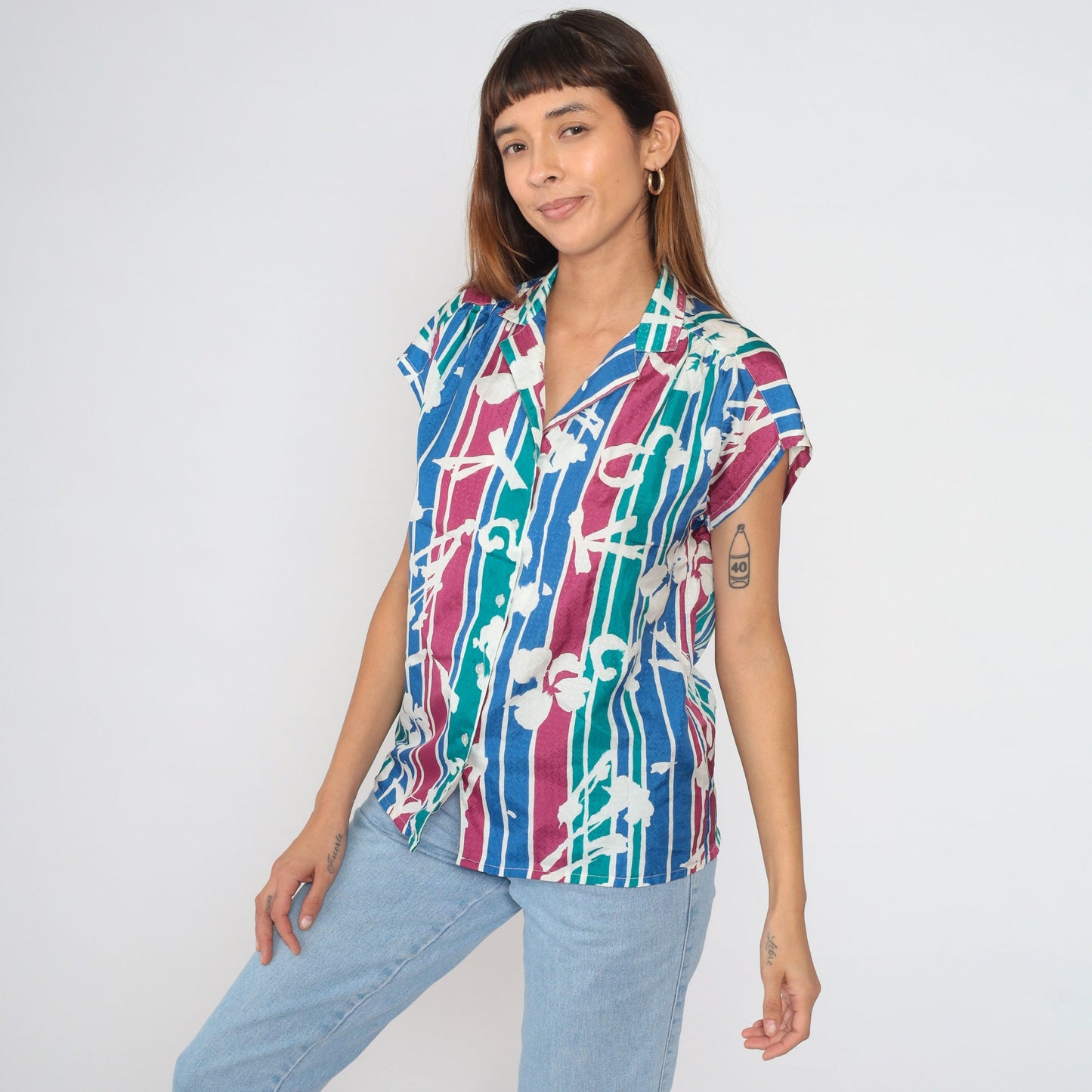 90s Tanjay Striped Floral Button-Up Blouse Cap Sleeve Multicolor Medium