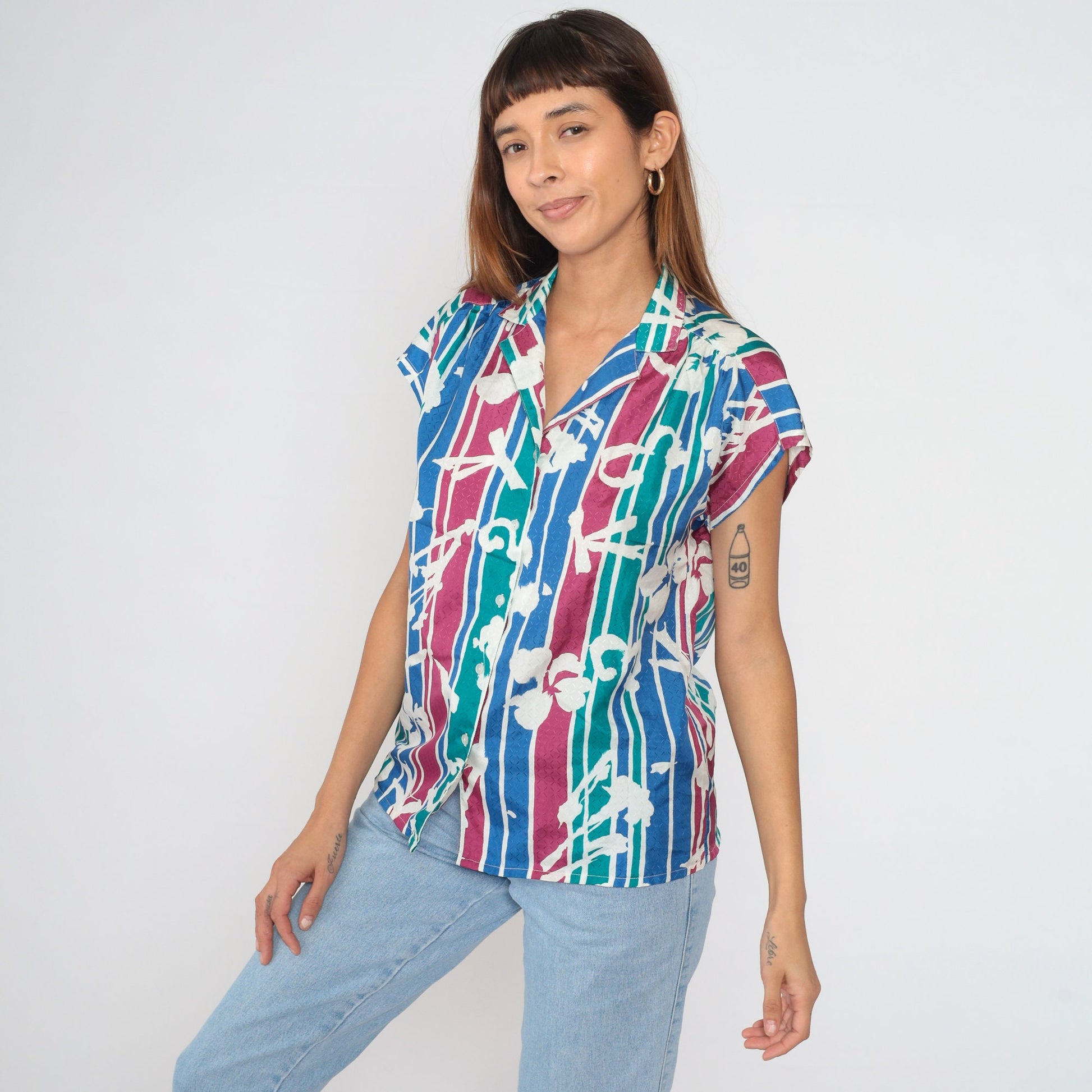 90s Tanjay Striped Floral Button-Up Blouse Cap Sleeve Multicolor Medium