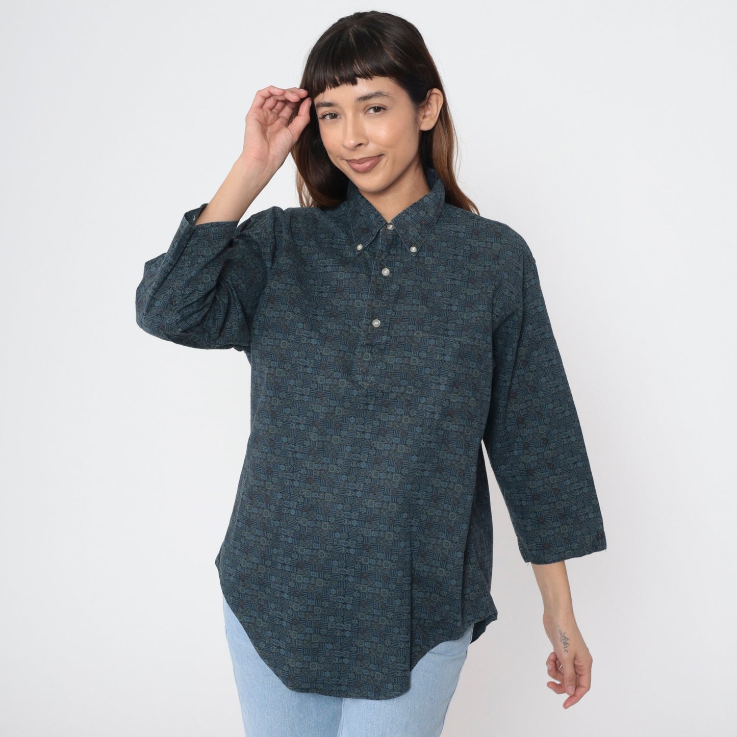 90s Towncraft Polo Shirt Blue Geometric Print Quarter Button 3/4 Sleeve Large L