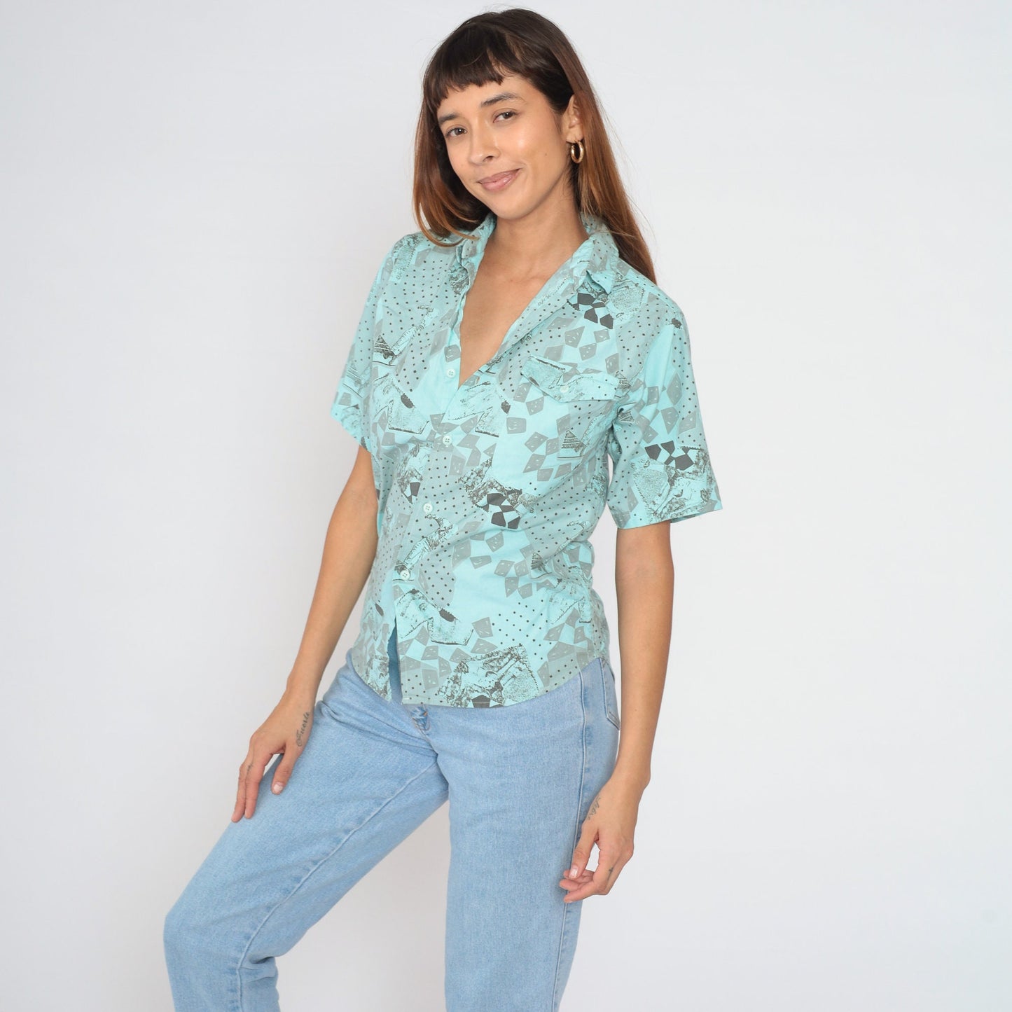90s Permit Blue Button-Up Shirt Abstract Football Soccer Player Print Medium