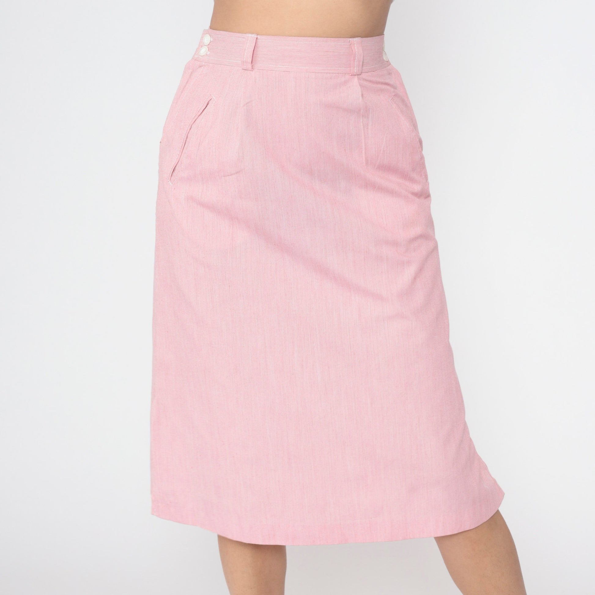 80s Pink Pinstriped Midi Skirt High Waist Straight Cut Small S
