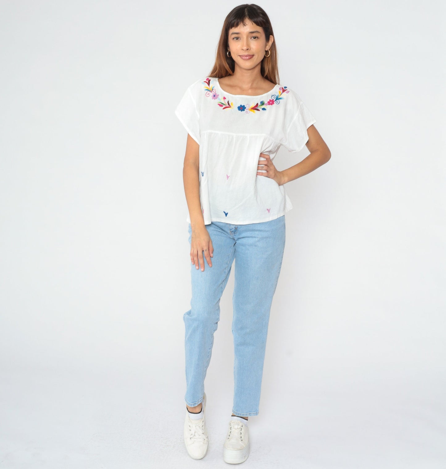 90s Mexican Floral Embroidered Blouse White Cotton Babydoll Empire Waist Small