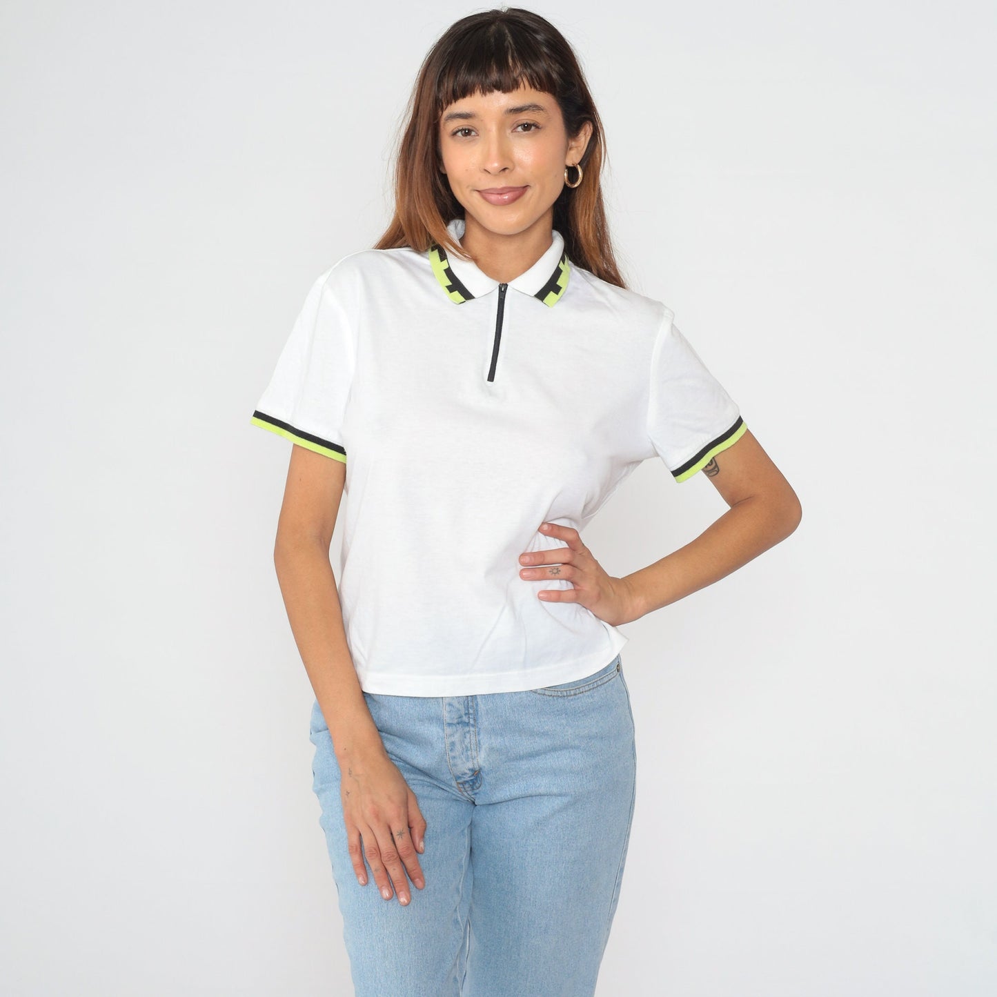 90s Lily's of Beverly Hills Half-Zip Polo White Striped Ringer Medium M