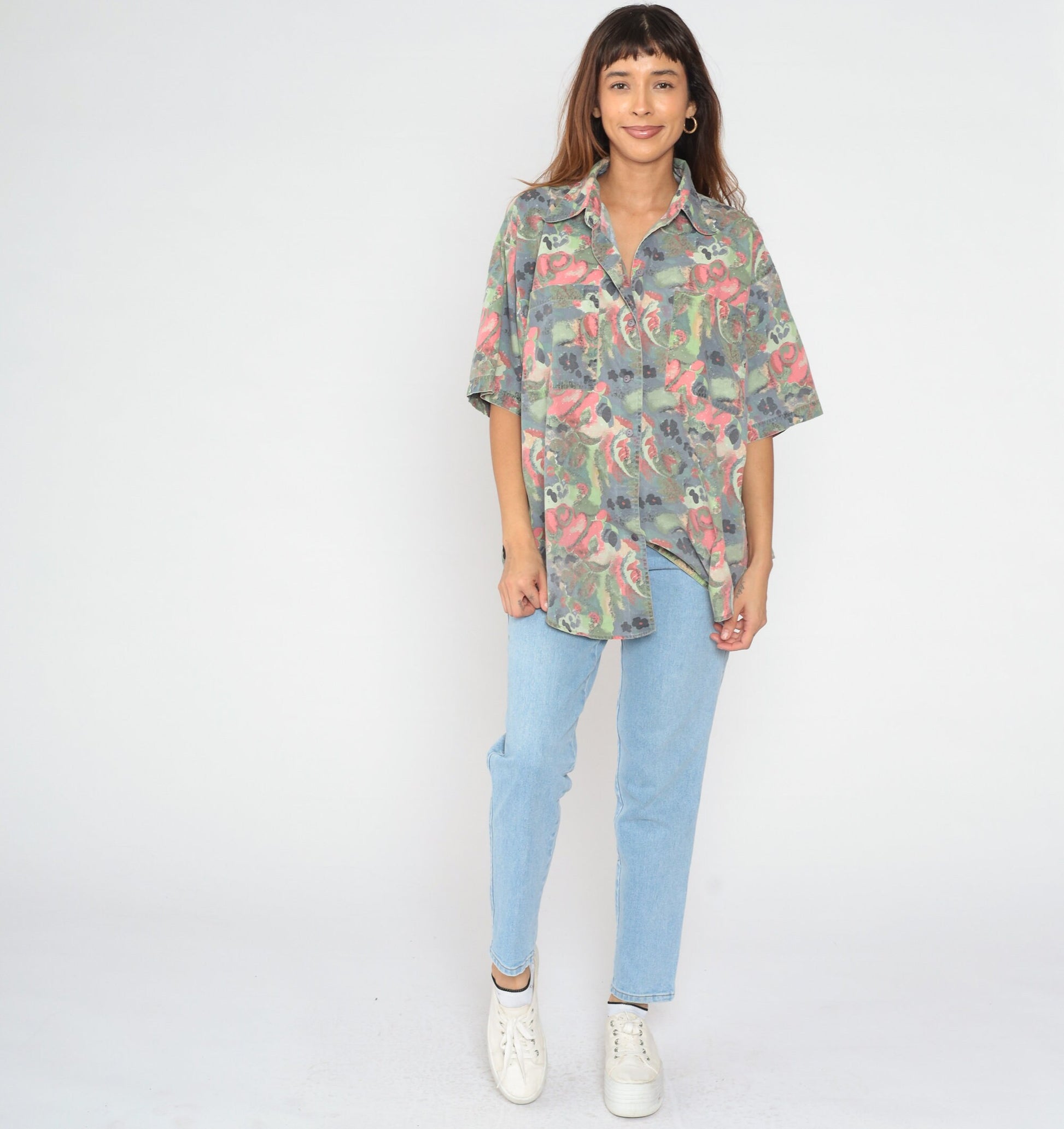 90s Abstract Floral Button-Up Blouse Plus Size Grey Pink Green Short Sleeve XXL