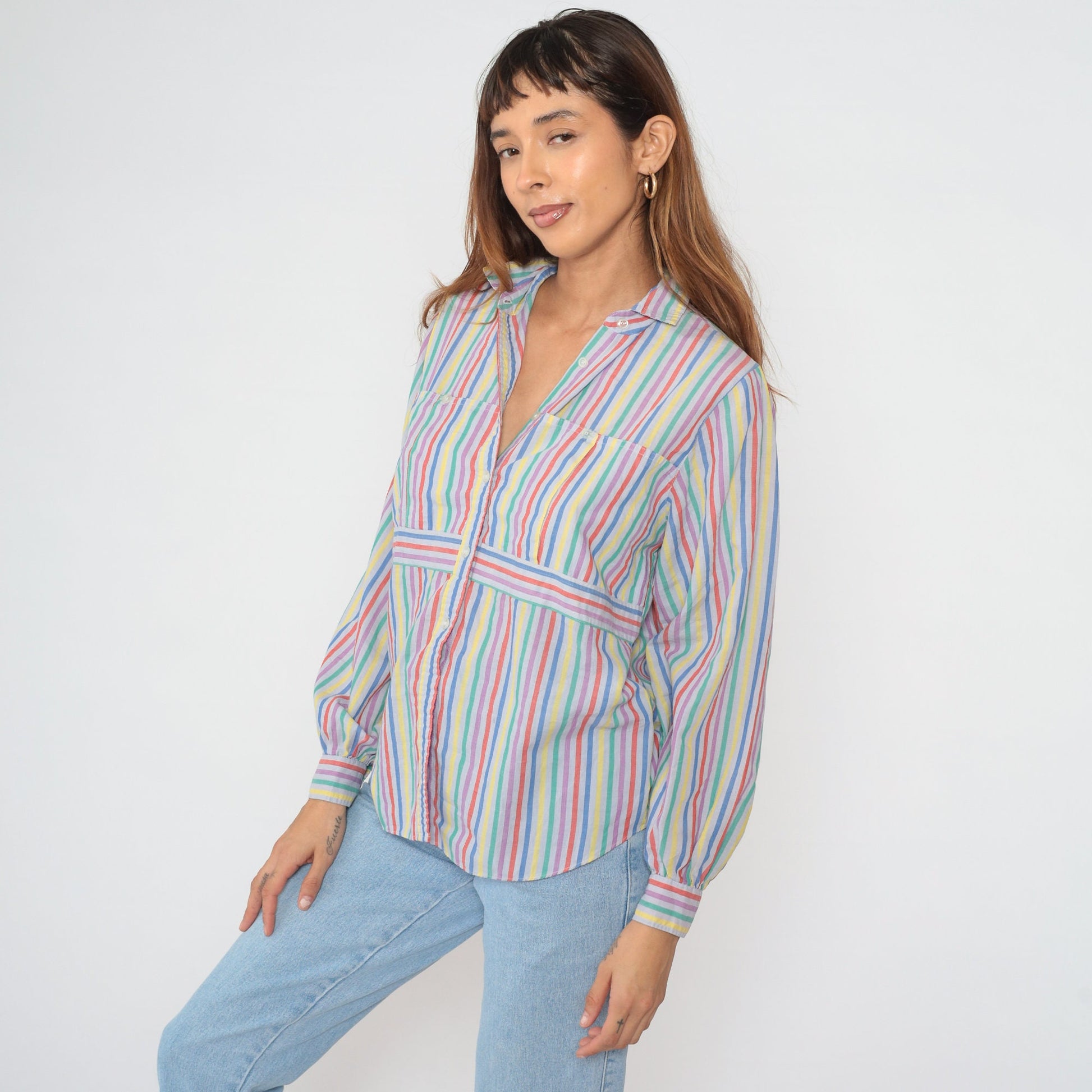 80s Rainbow Striped Button-Up Blouse Multicolor Long Sleeve Medium Large