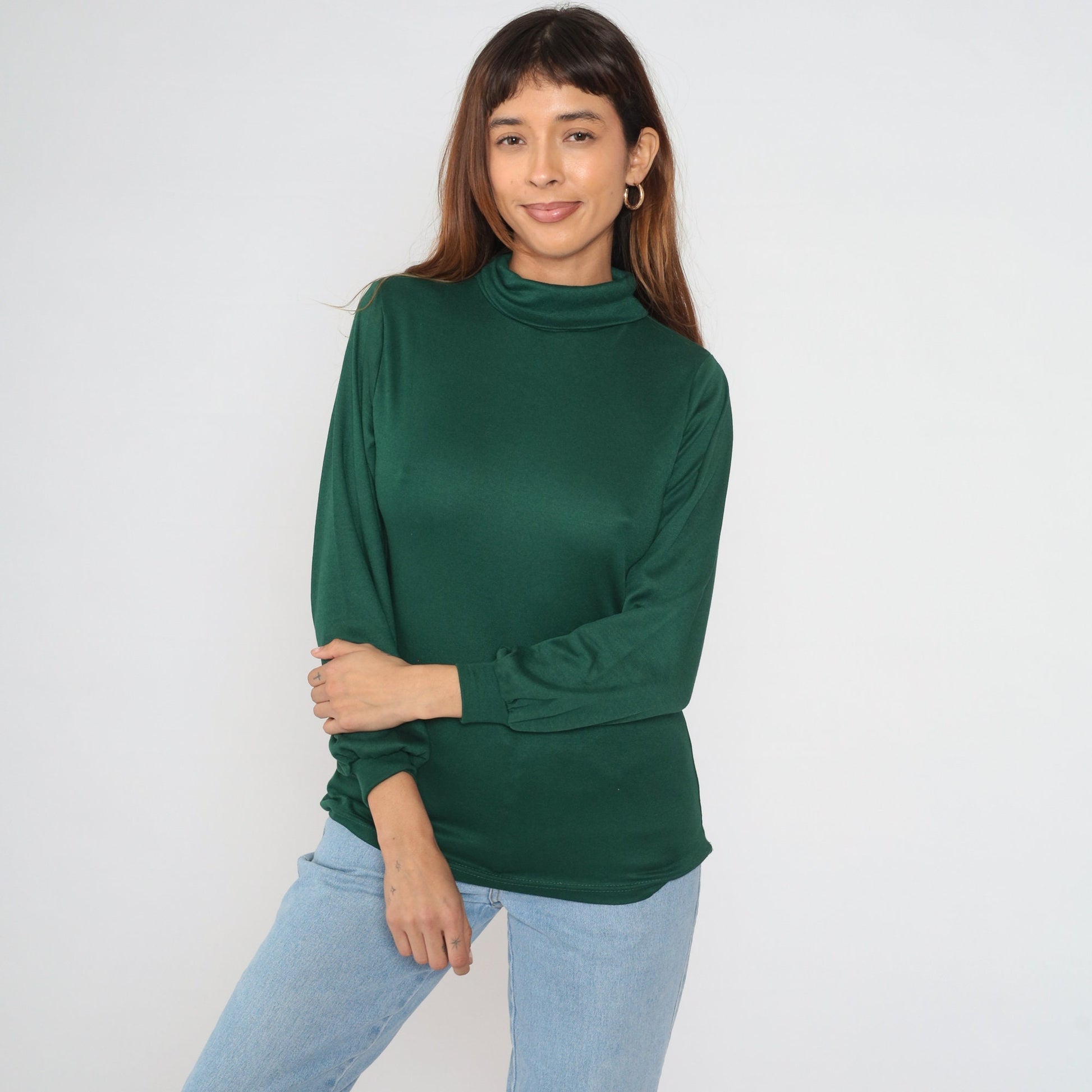 80s Forest Green Turtleneck Balloon Sleeve Blouse Large L