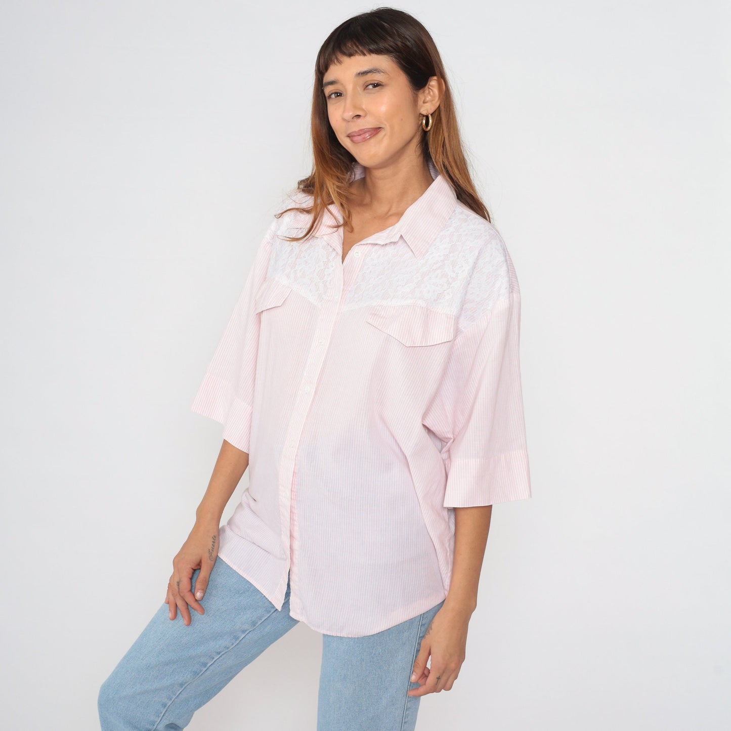 90s Pink White Striped Button-Up Blouse Lace Yoke Half Sleeve Extra Extra Large XXL