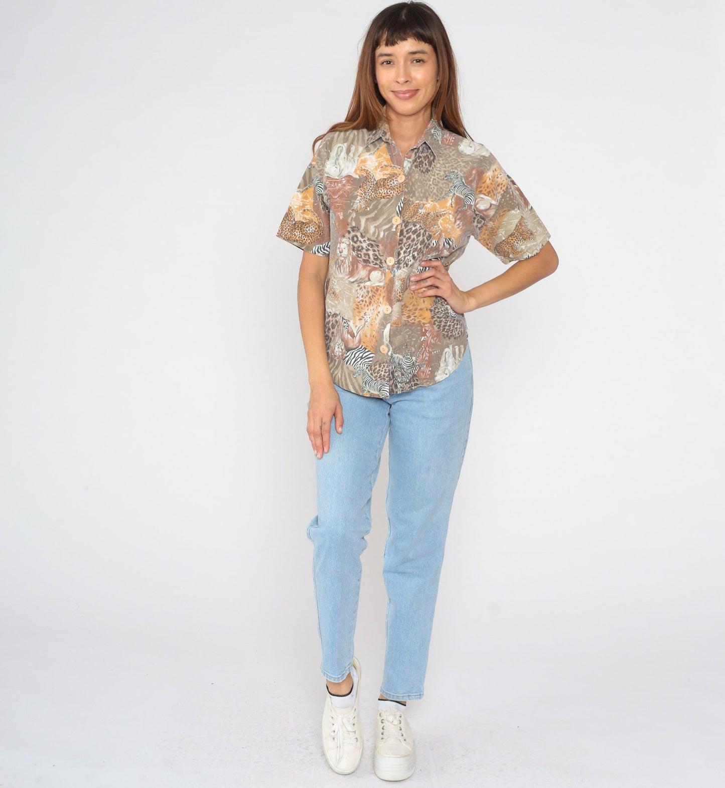 90s Safari Animal Print Button-Up Blouse Lion Zebra Elephant Medium