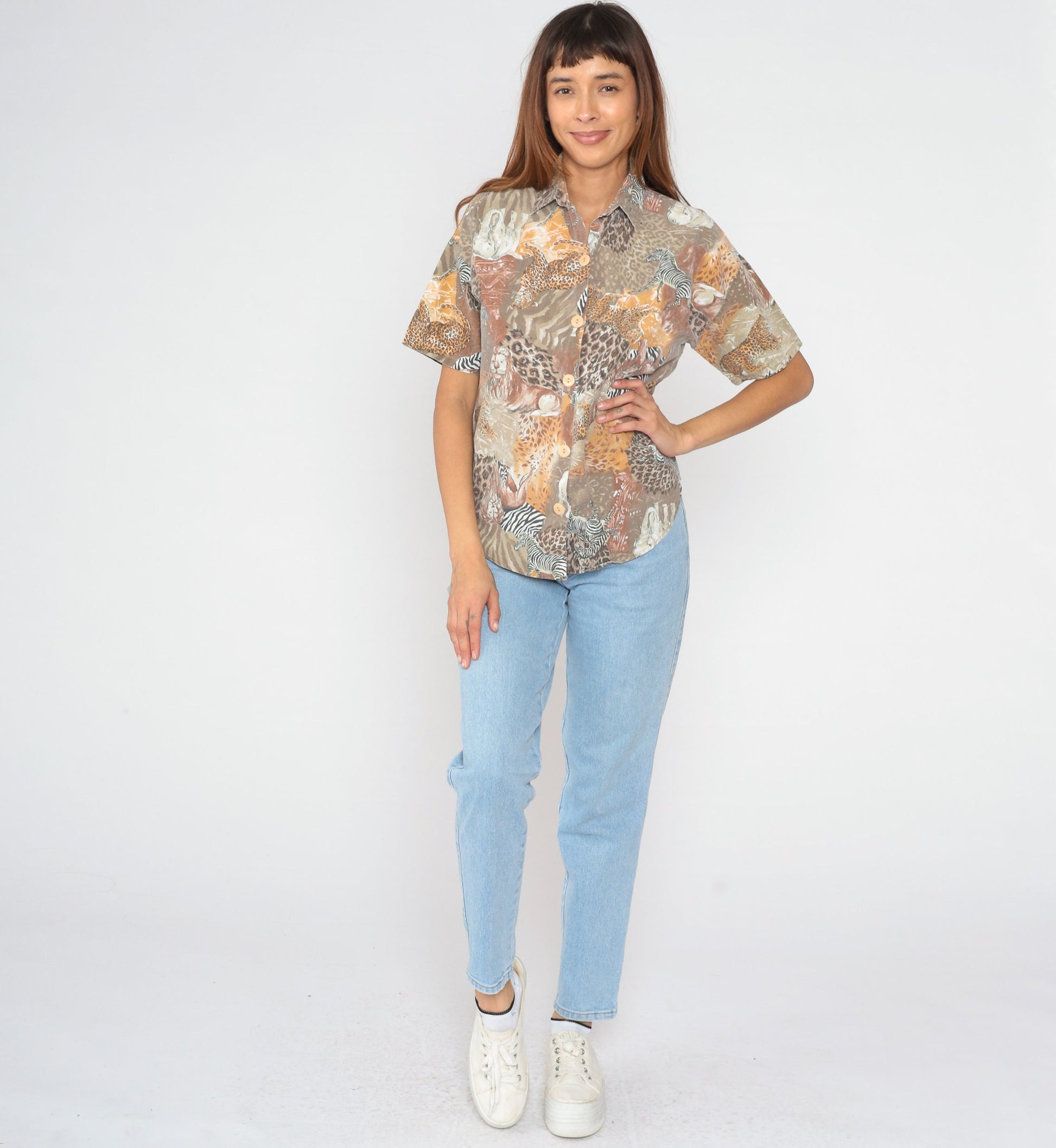 90s Safari Animal Print Button-Up Blouse Lion Zebra Elephant Medium
