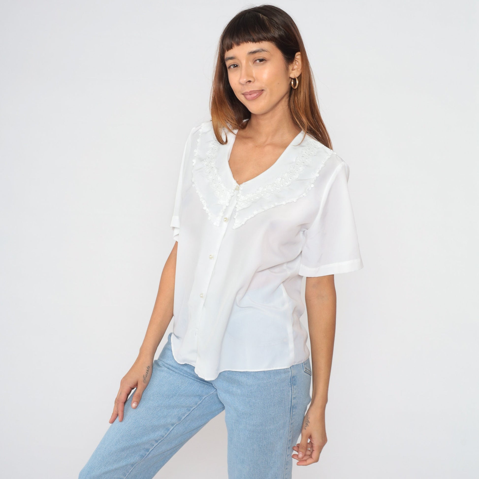 90s White Floral Bertha Collar Blouse Button-Up Short Sleeve Medium