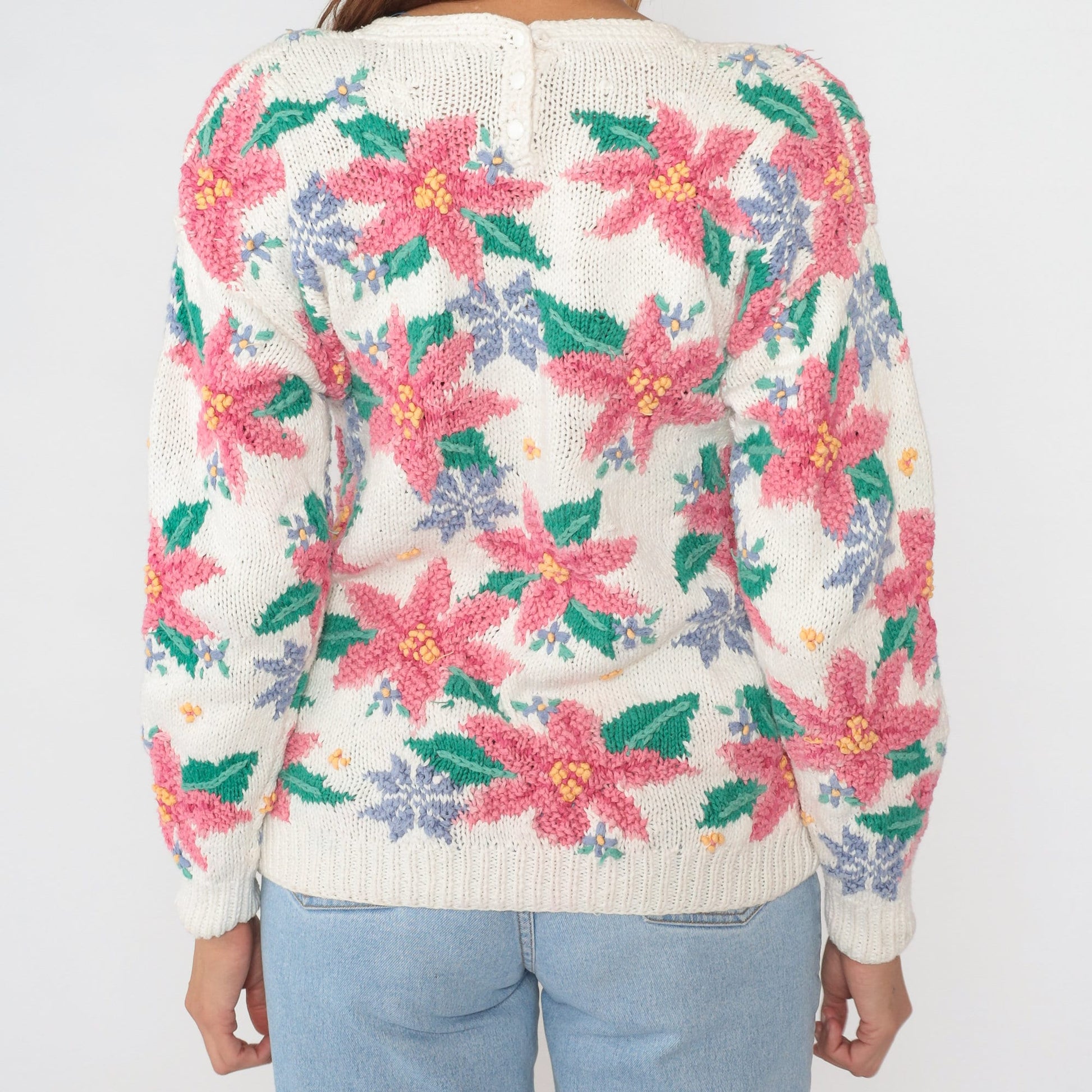 90s Northern Isles Floral Knit Sweater White Pink Green Crewneck Medium M