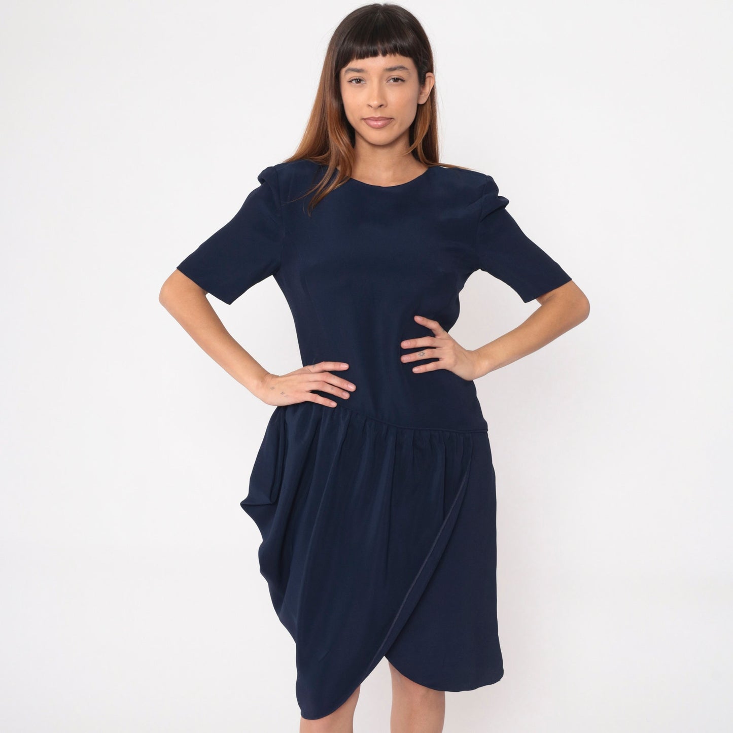 90s Navy Tulip Midi Dress Asymmetrical Drop Waist Gathered Pocket Medium 8