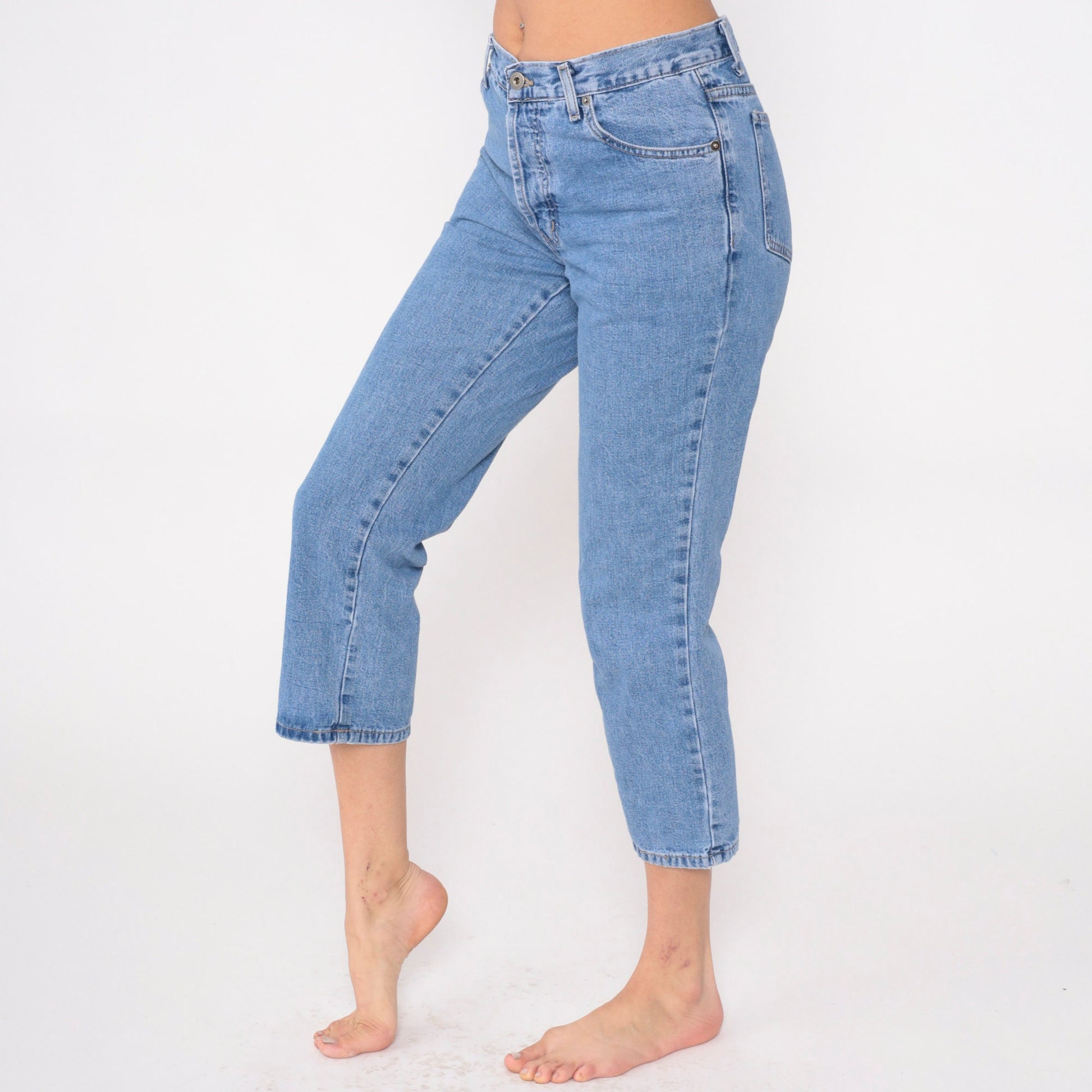90s Capri Jeans Button Fly Mid Rise Cropped Denim Blue Small