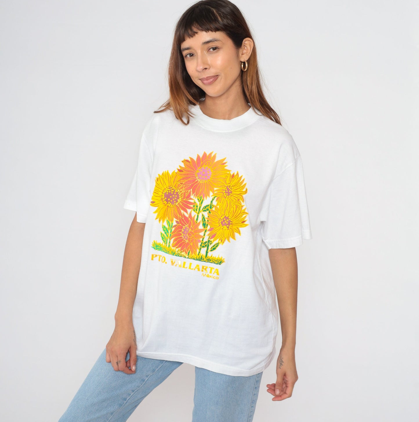 90s Puerto Vallarta Mexico Sunflower Graphic T-Shirt White Extra Large