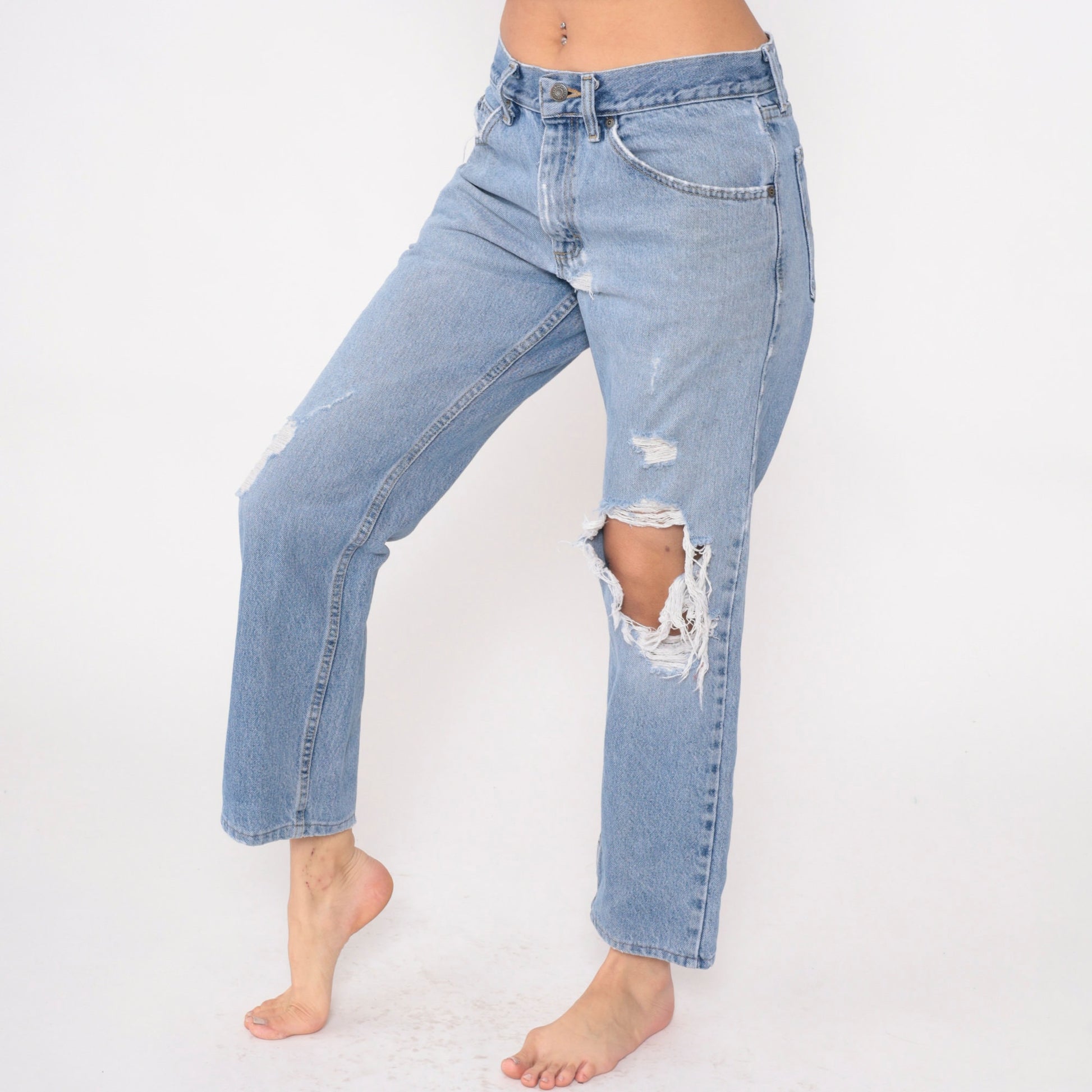 90s Lee Jeans Mid Rise Straight Leg Ripped Knee Blue Denim Medium