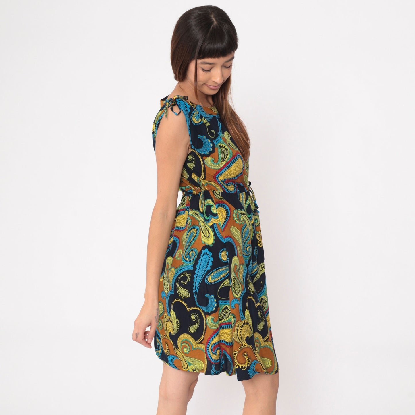 Y2K Paisley Sundress Drawstring Waist Sleeveless Shoulder Tie Black Yellow Medium