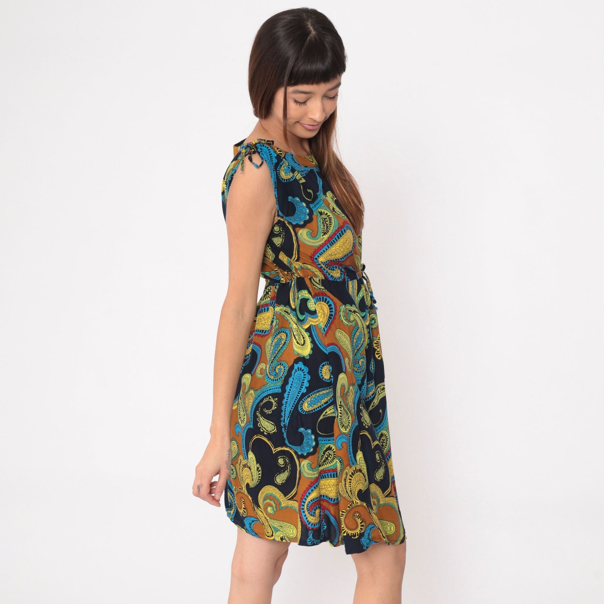 Y2K Paisley Sundress Drawstring Waist Sleeveless Shoulder Tie Black Yellow Medium