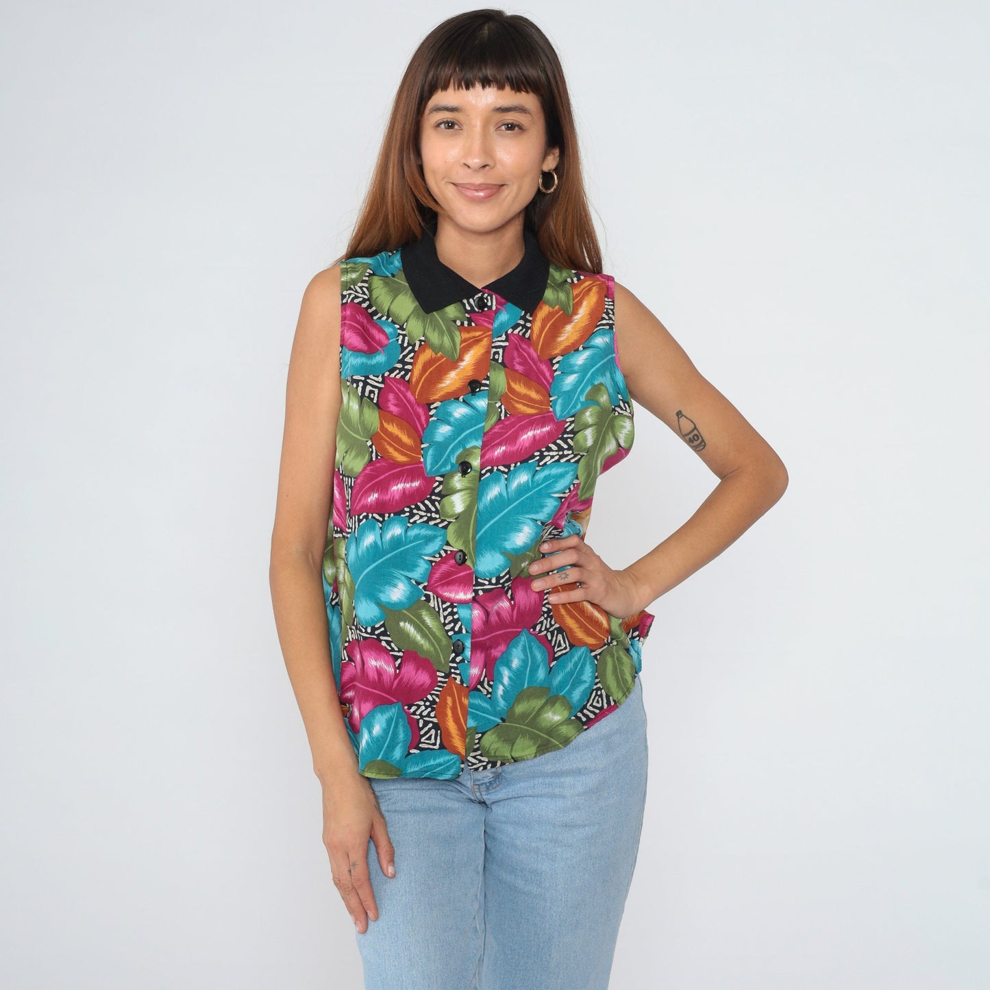90s Tropical Leaf Print Button-Up Tank Top Collared Blouse Large L