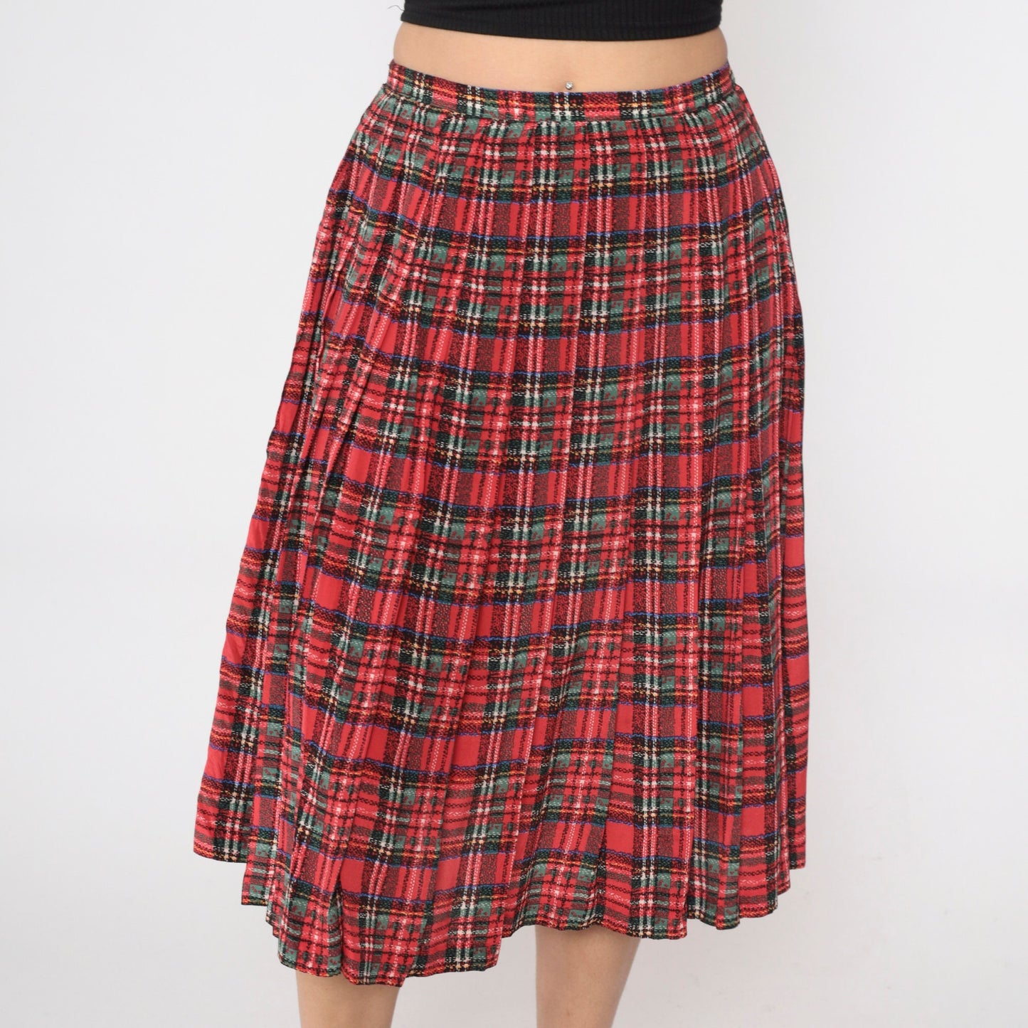 80s Red Plaid Silk Midi Skirt Pleated High Waist Small