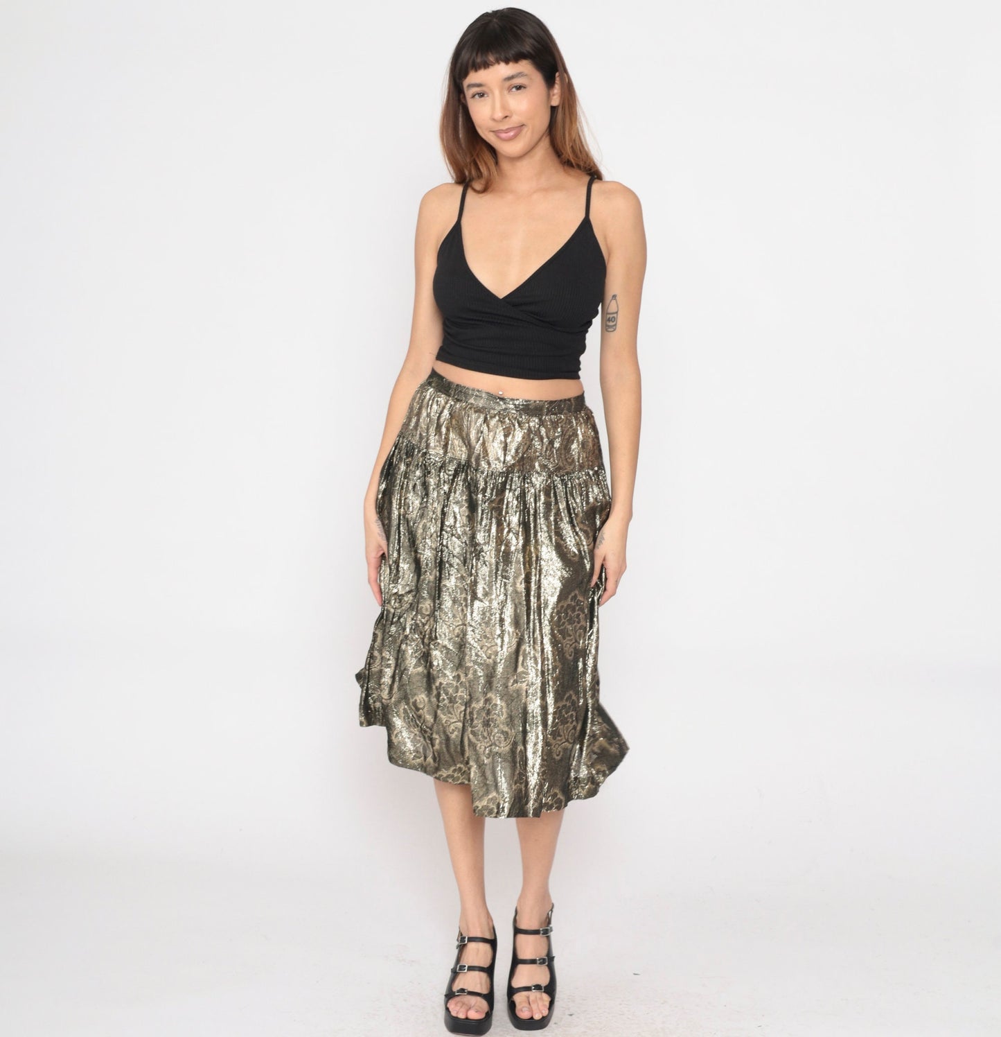 90s Gold Floral Midi Skirt High Waisted Metallic Yoke Small