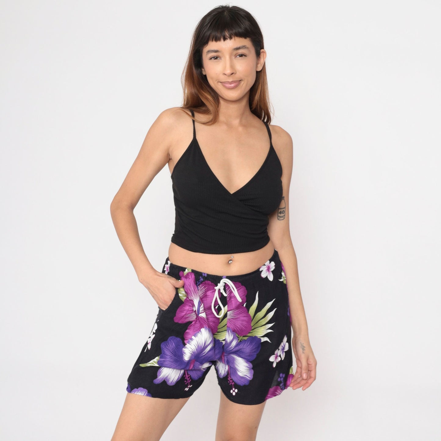 Y2K Black Rayon Shorts Purple Hibiscus Tropical Floral Drawstring Small Medium