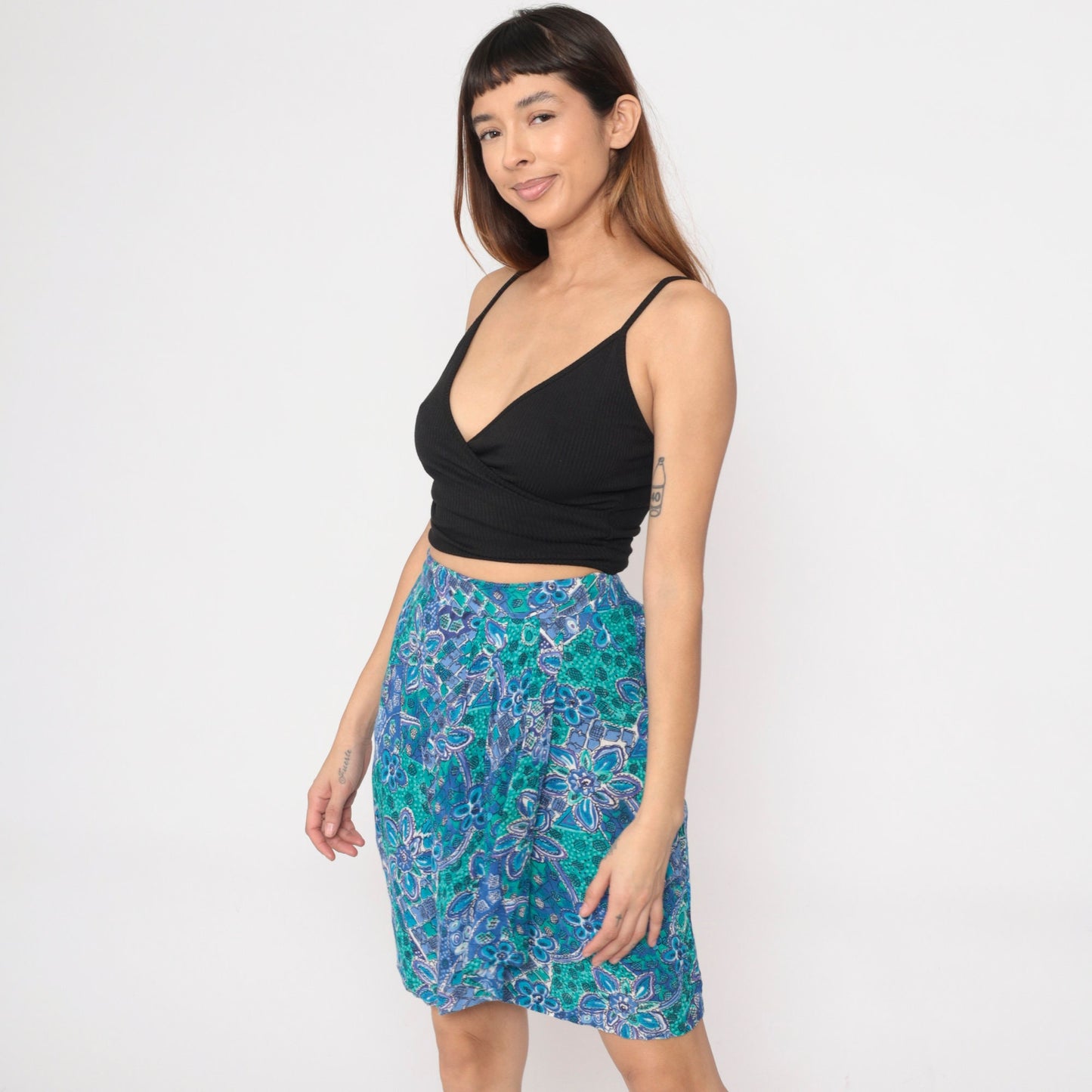 90s Floral Mini Skirt High Waist Faux Wrap Panel Rayon Small