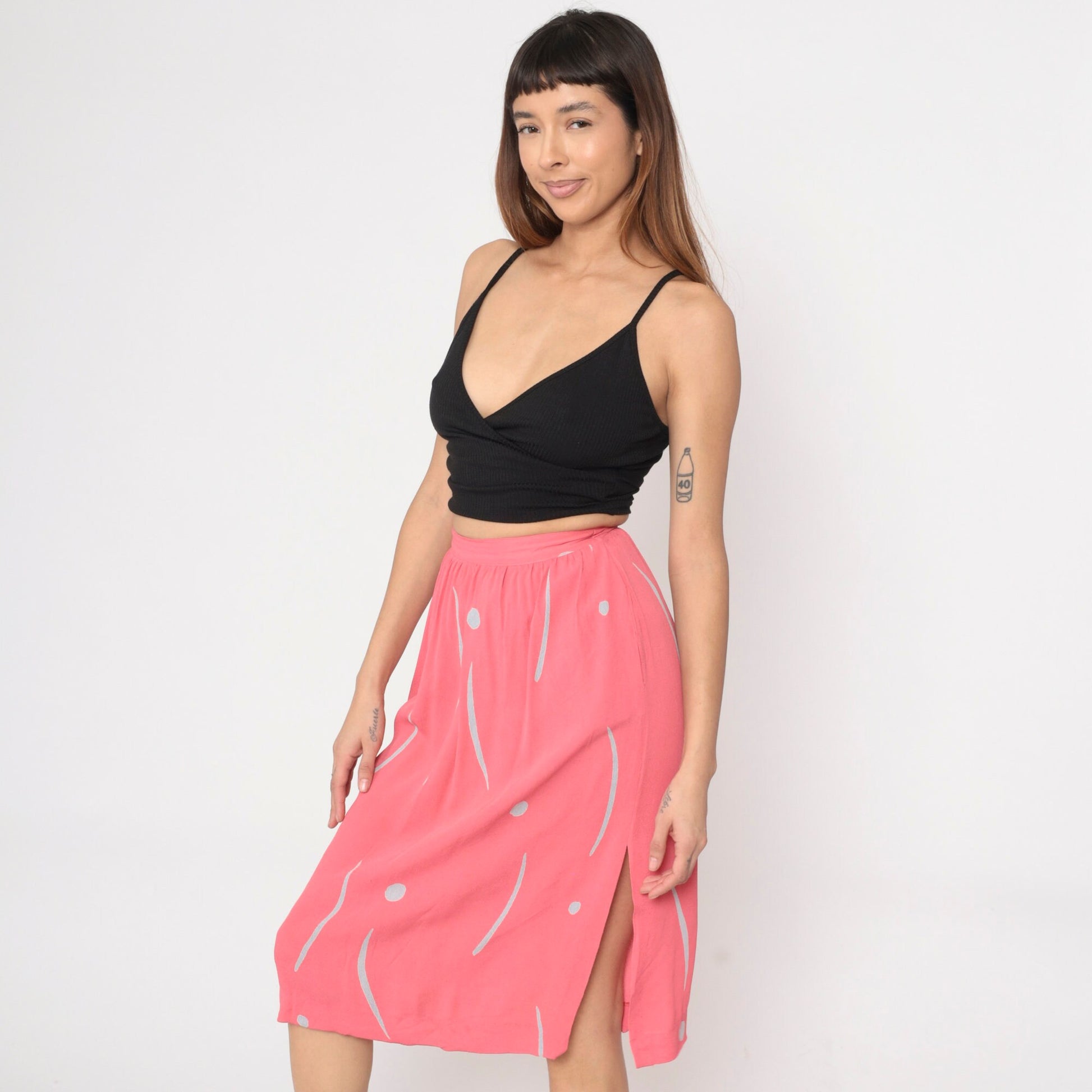 80s Uri Bloch Prive Pink Dot Line Print Midi Skirt High Waist Pockets Extra Small