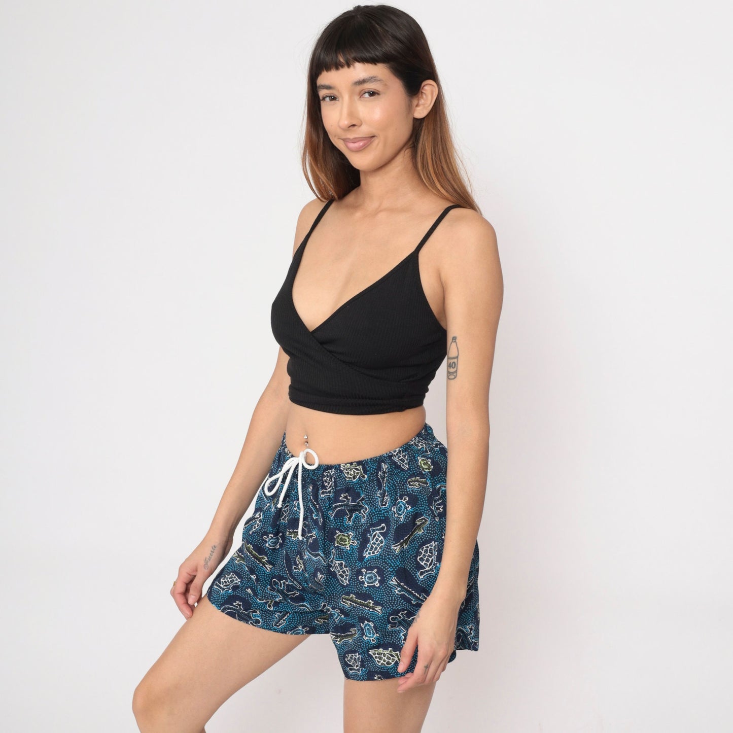 00s Turtle Alligator Print Swim Shorts Blue Elastic Waist Small