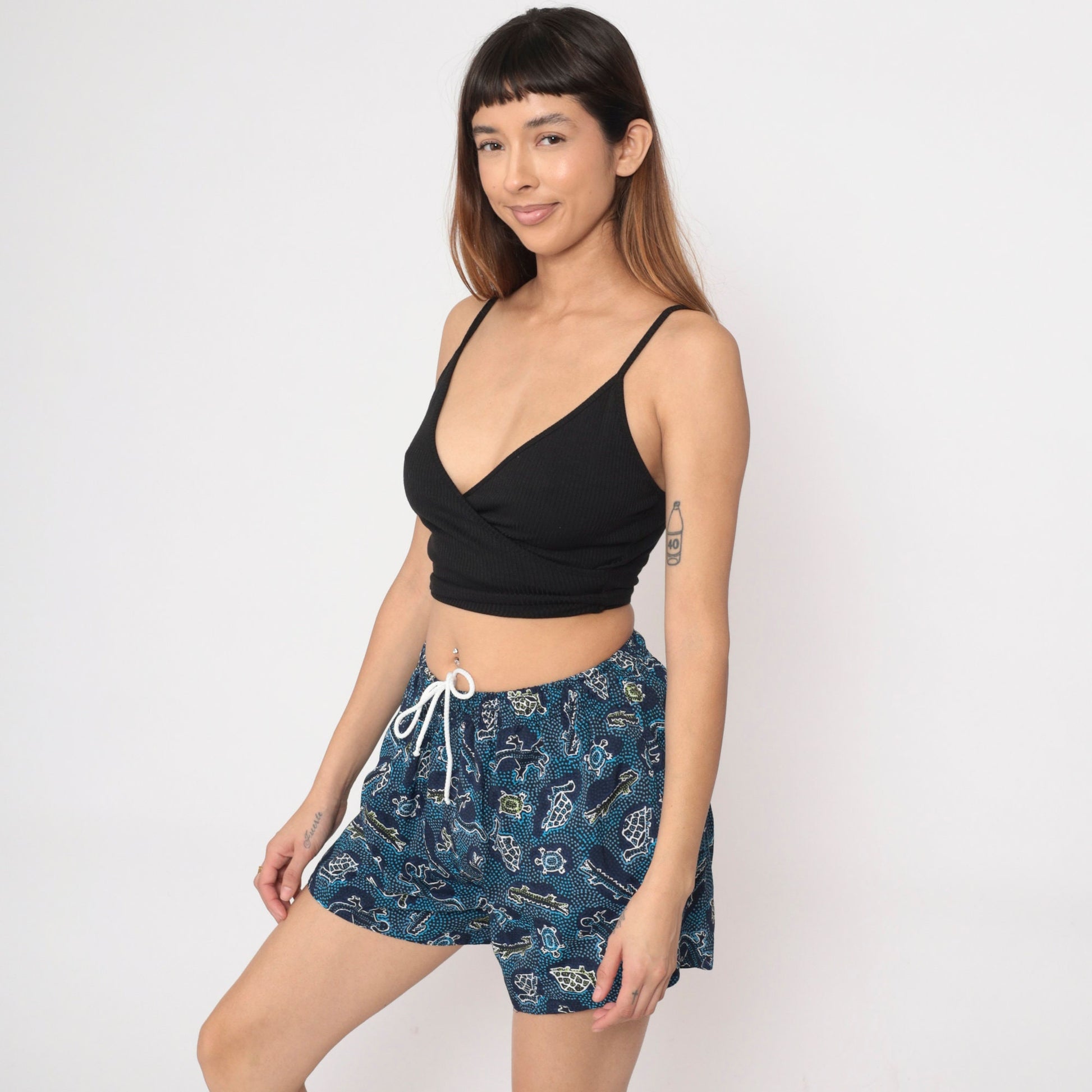 00s Turtle Alligator Print Swim Shorts Blue Elastic Waist Small