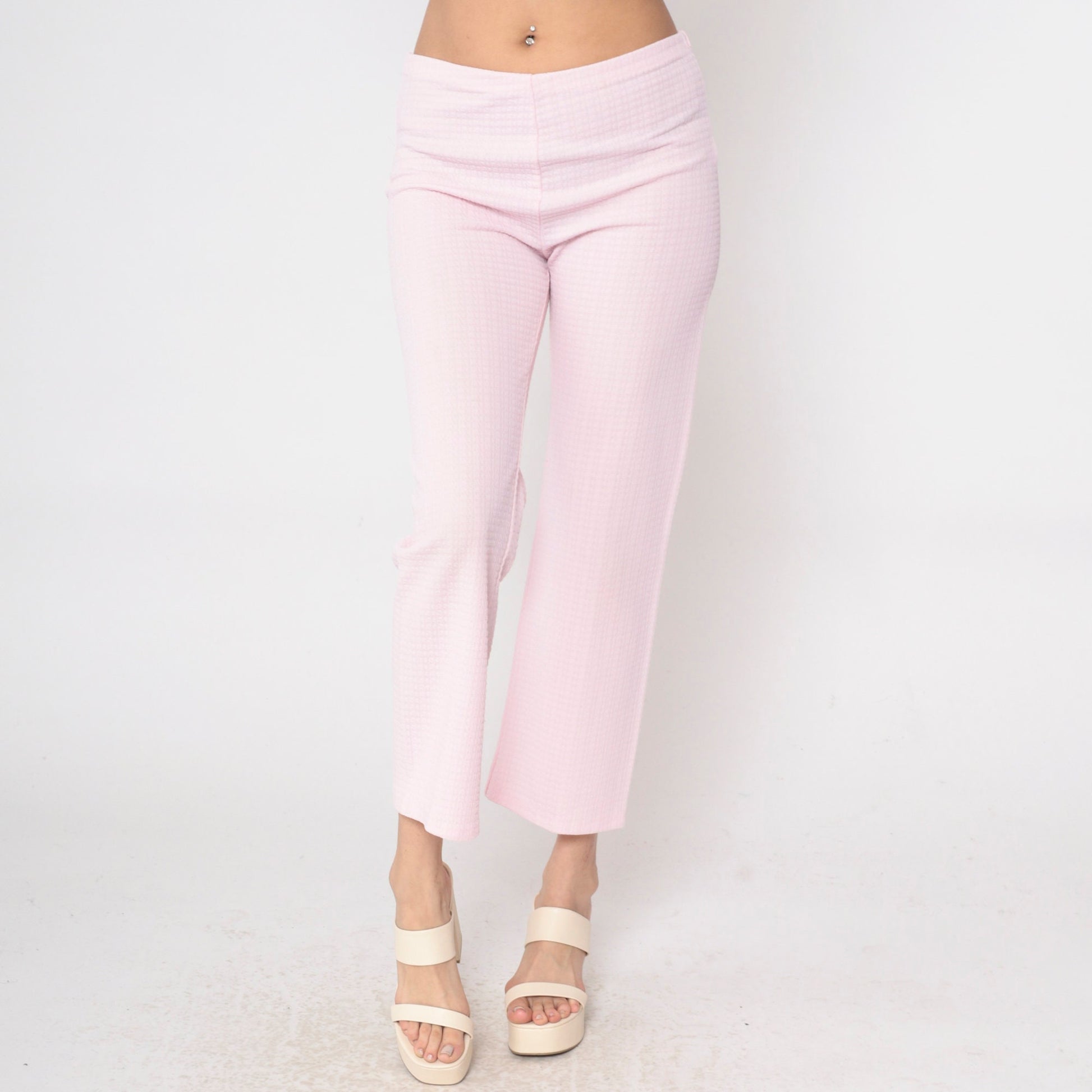 70s Baby Pink Flared Trousers High Waist Embossed Checkered Texture Large
