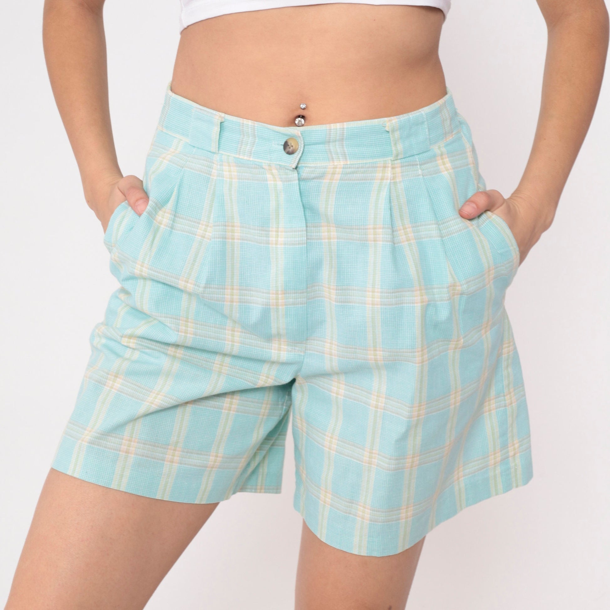 90s Plaid High-Waisted Shorts Aqua Blue Yellow Pleated Cotton Medium