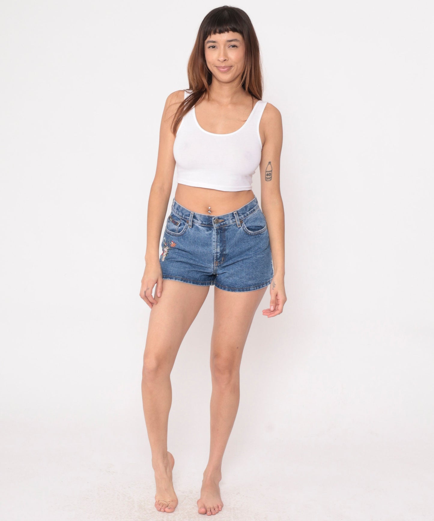 00s LEI Floral Embroidered Denim Shorts Blue Mid Rise Small S