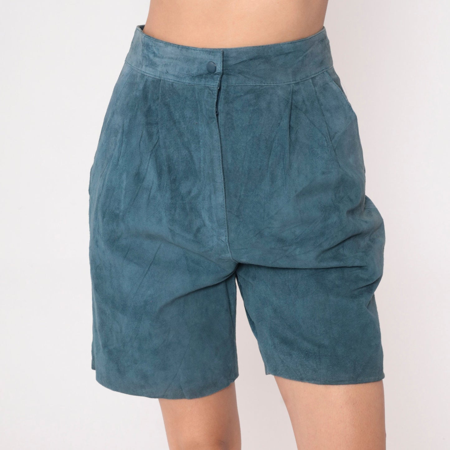 80s Blue Suede High-Waisted Shorts Pleated Front Small