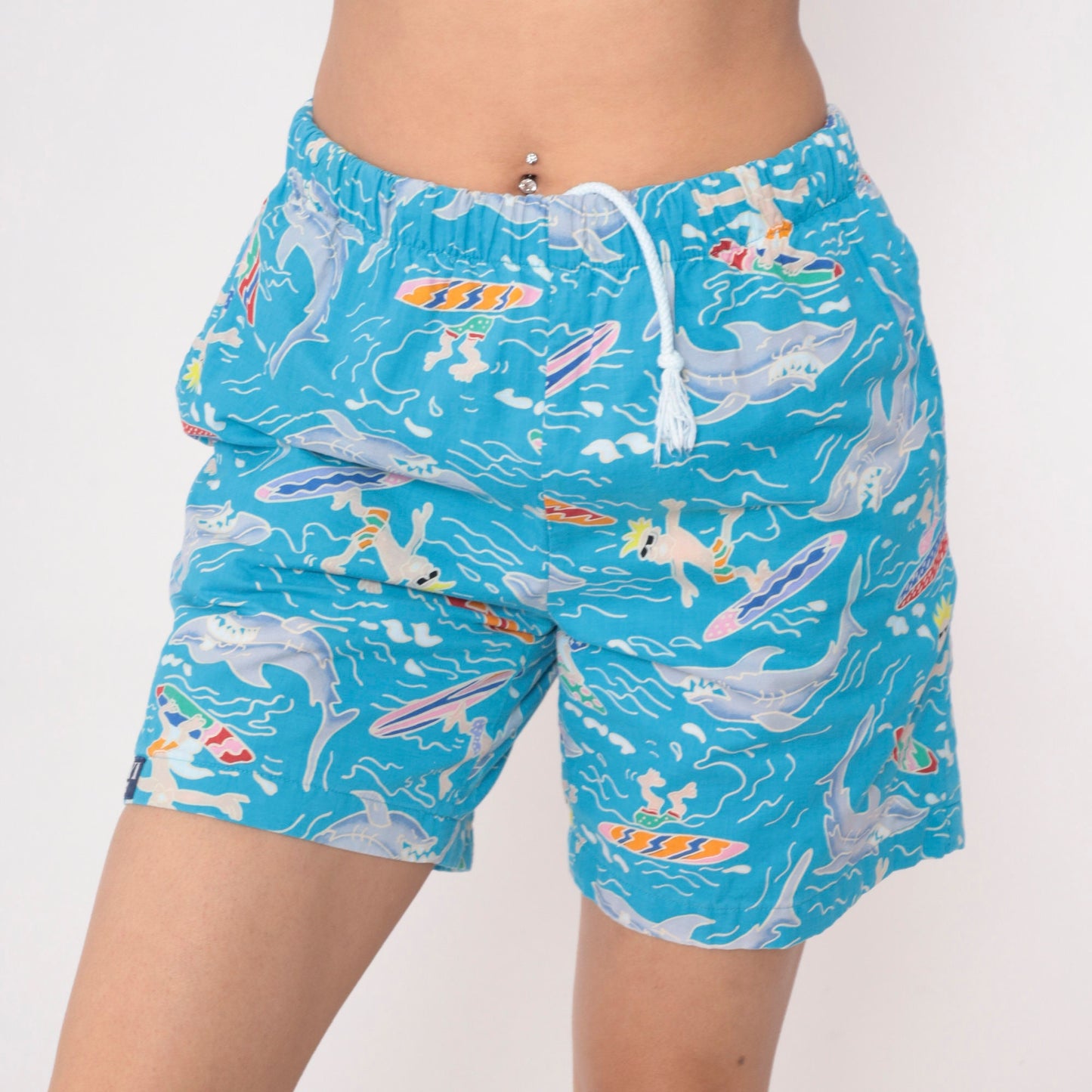 90s Kiwi Surf Shark Surfer Print Swim Shorts Blue Cotton Small