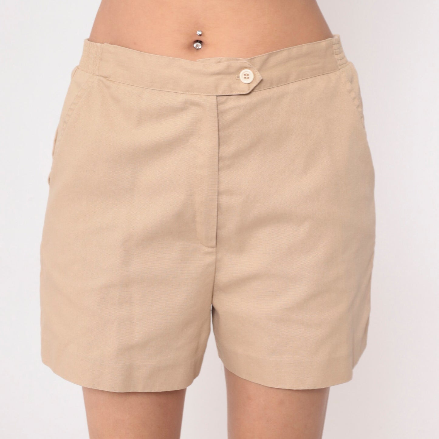 80s Tan High-Waisted Shorts Elastic Waist Cotton Blend Medium