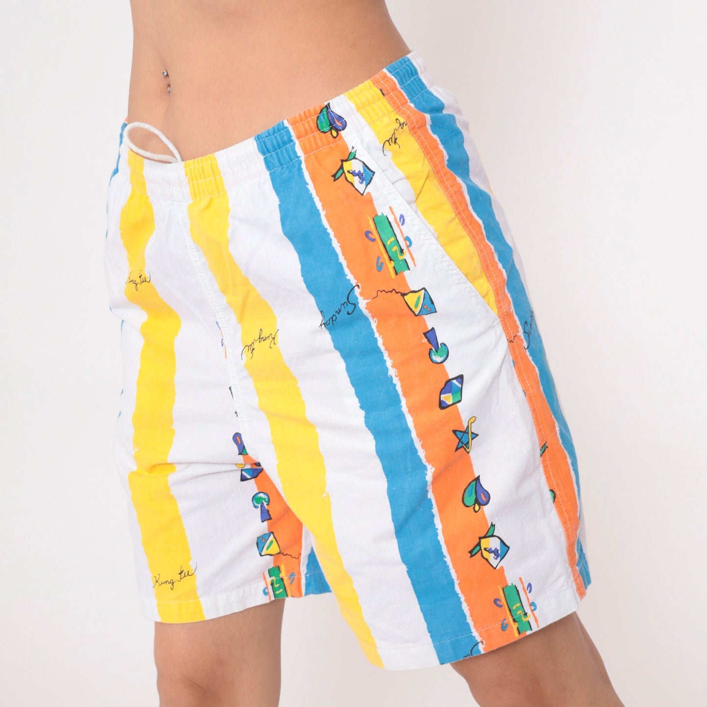 90s Striped Shorts Kung Fu Musical Notes Palm Trees Blue Orange Medium