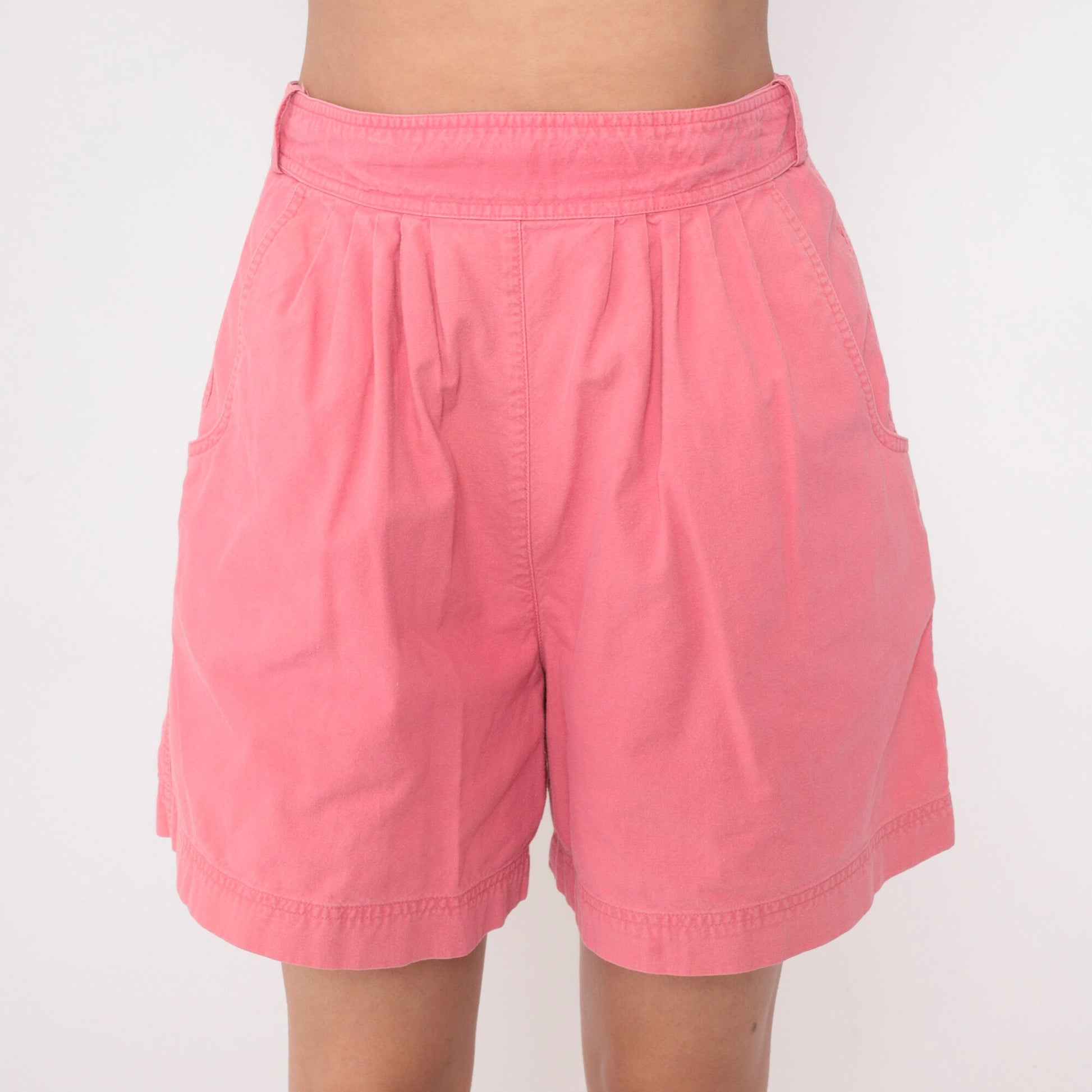 90s Pink Cotton Pleated Shorts High Waist Adjustable Medium